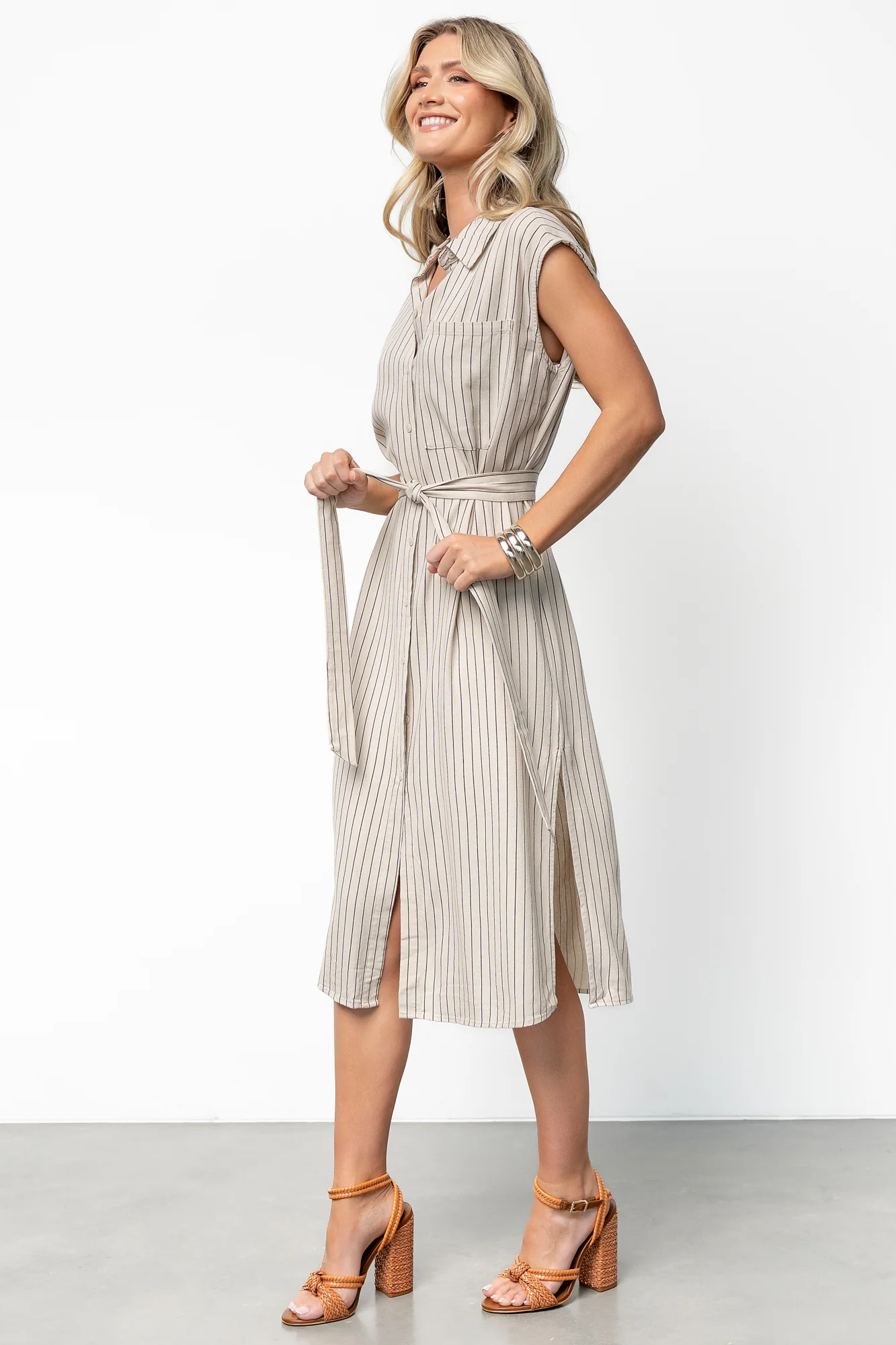 Toledo Button Up Midi Dress | Beige Stripe - Vlounger