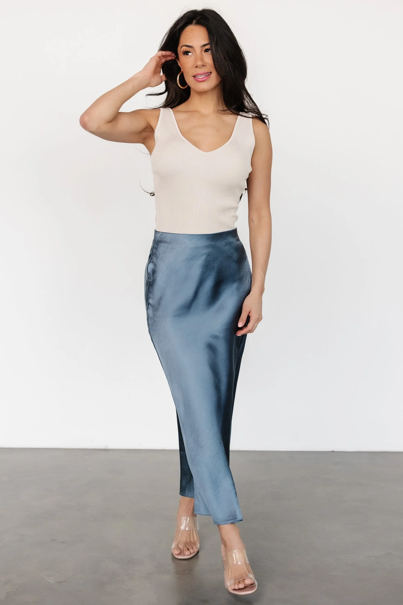 Celeste Satin Midi Skirt | Steel Blue - Vlounger