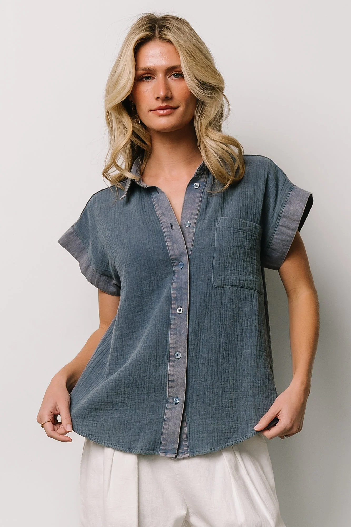 Jaye Button Top | Denim Blue - Vlounger