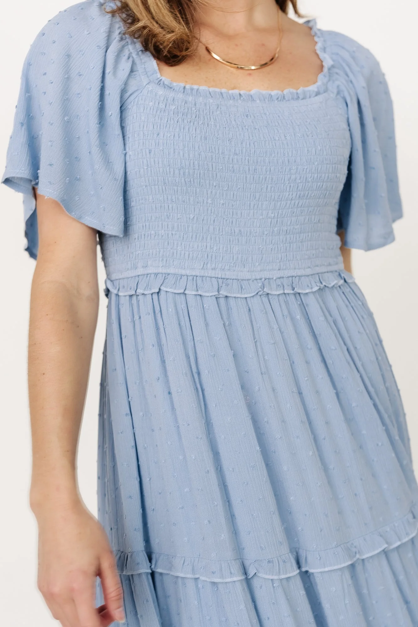 Lenora Smocked Dotted Maxi Dress | Dusty Blue - Vlounger