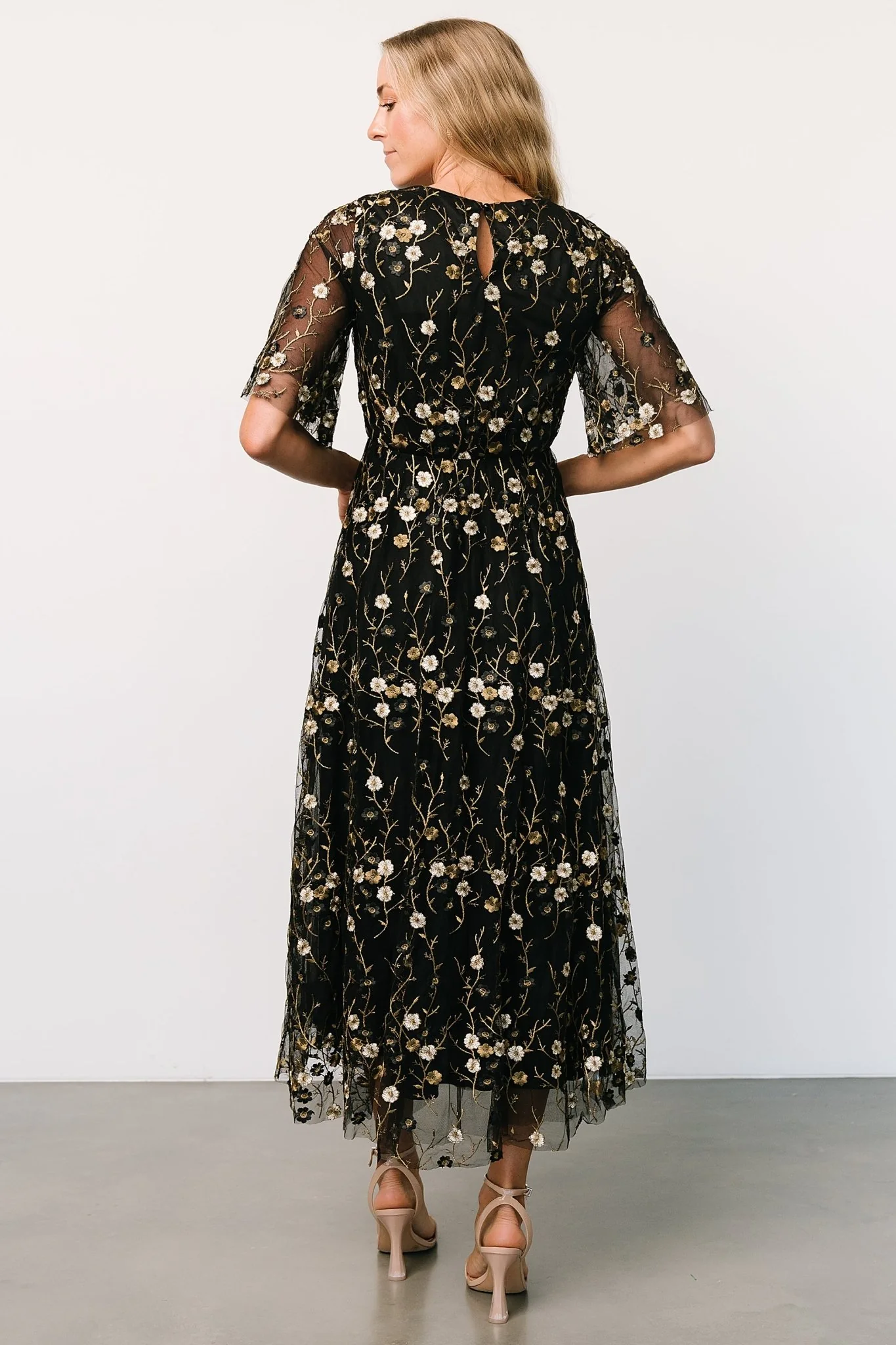 Arabella Embroidered Tulle Maxi Dress | Gold + Black - Vlounger
