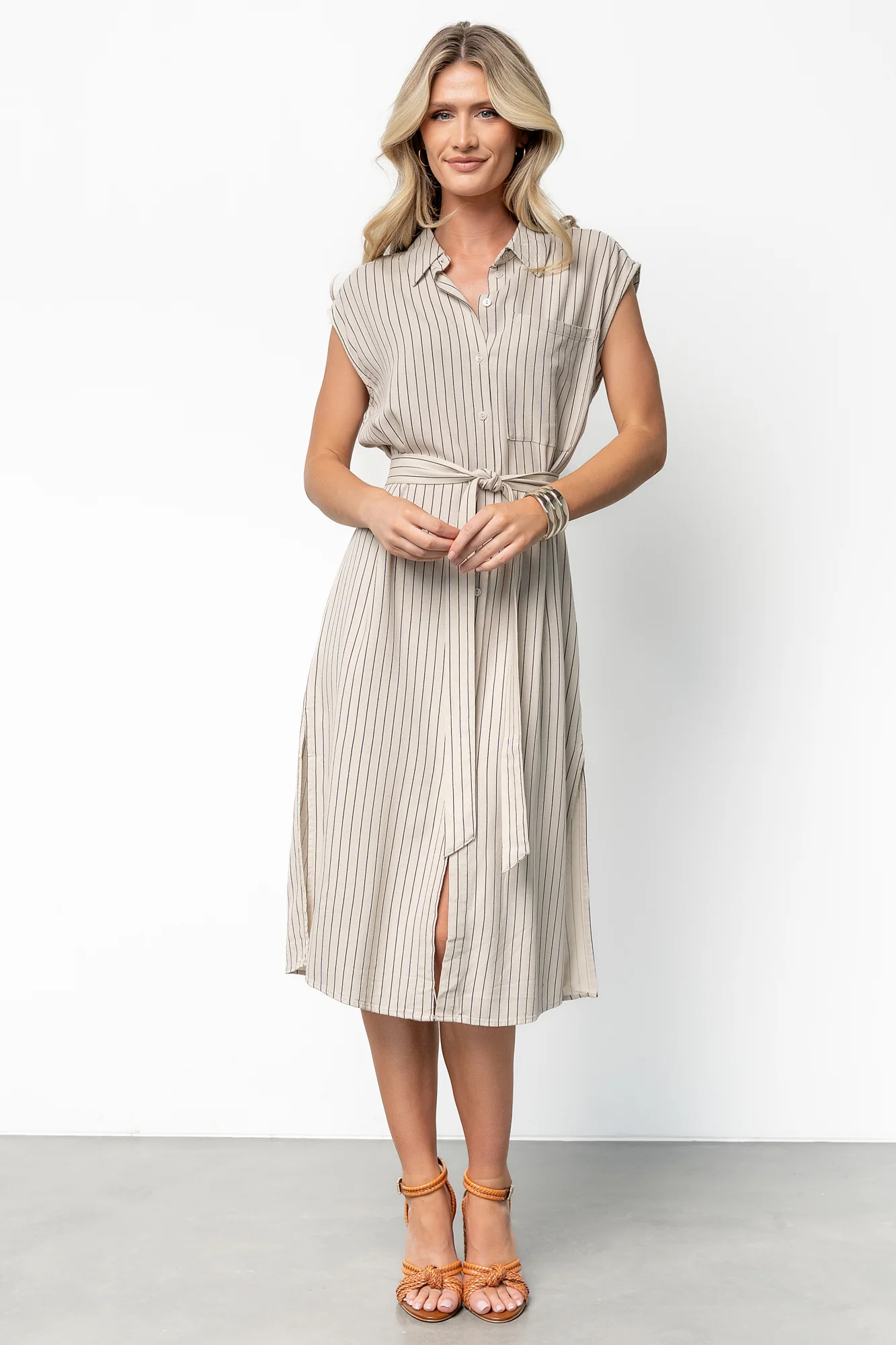 Toledo Button Up Midi Dress | Beige Stripe - Vlounger