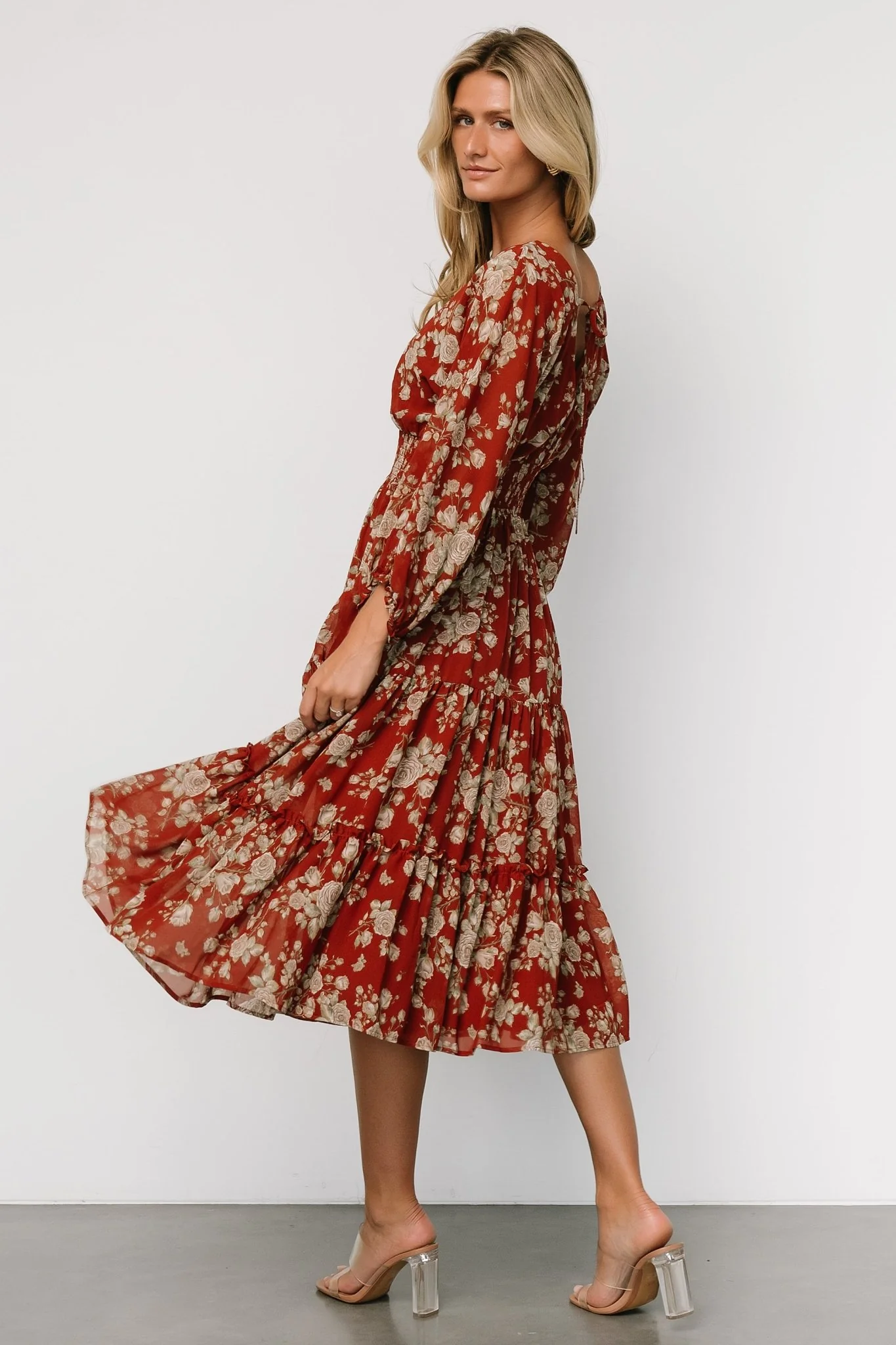 Coventry Tiered Midi Dress | Rust Floral - Vlounger