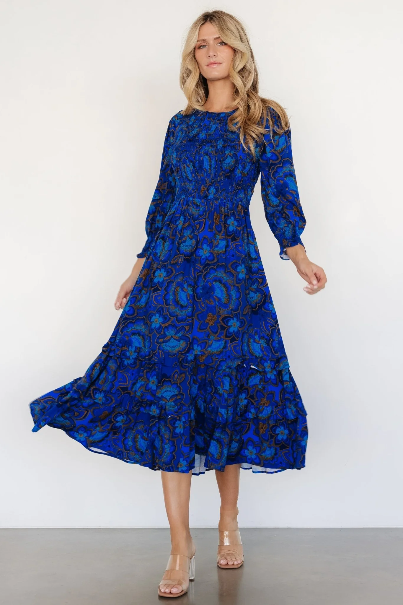 Andersen Smocked Midi Dress | Cobalt Floral - Vlounger