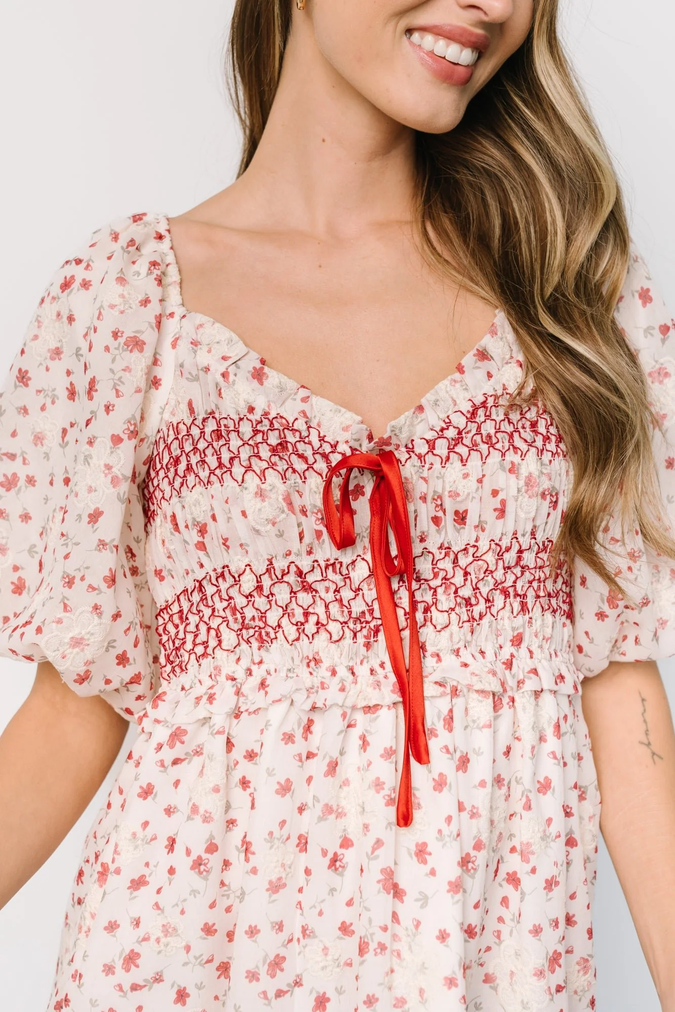 Hollie Smocked Dress | Cream + Red Floral - Vlounger