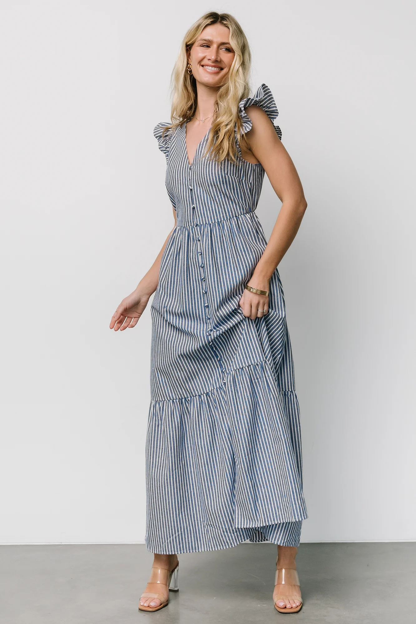 Hettie Button Maxi Dress | Blue Stripe - Vlounger