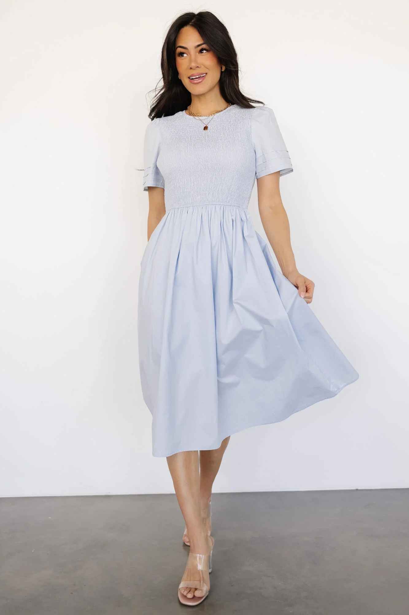 Farrah Smocked Midi Dress | Light Blue - Vlounger