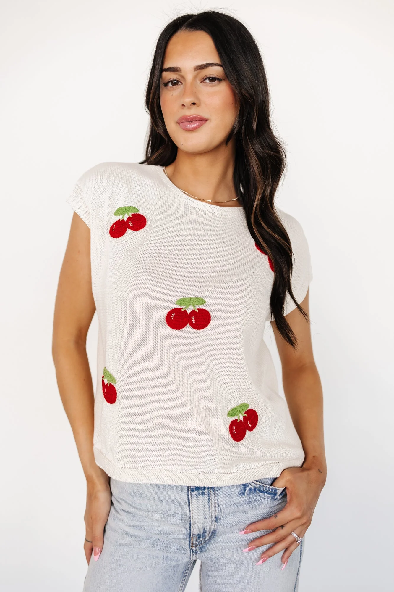 Lexie Knit Top | Cream + Cherry Applique - Vlounger