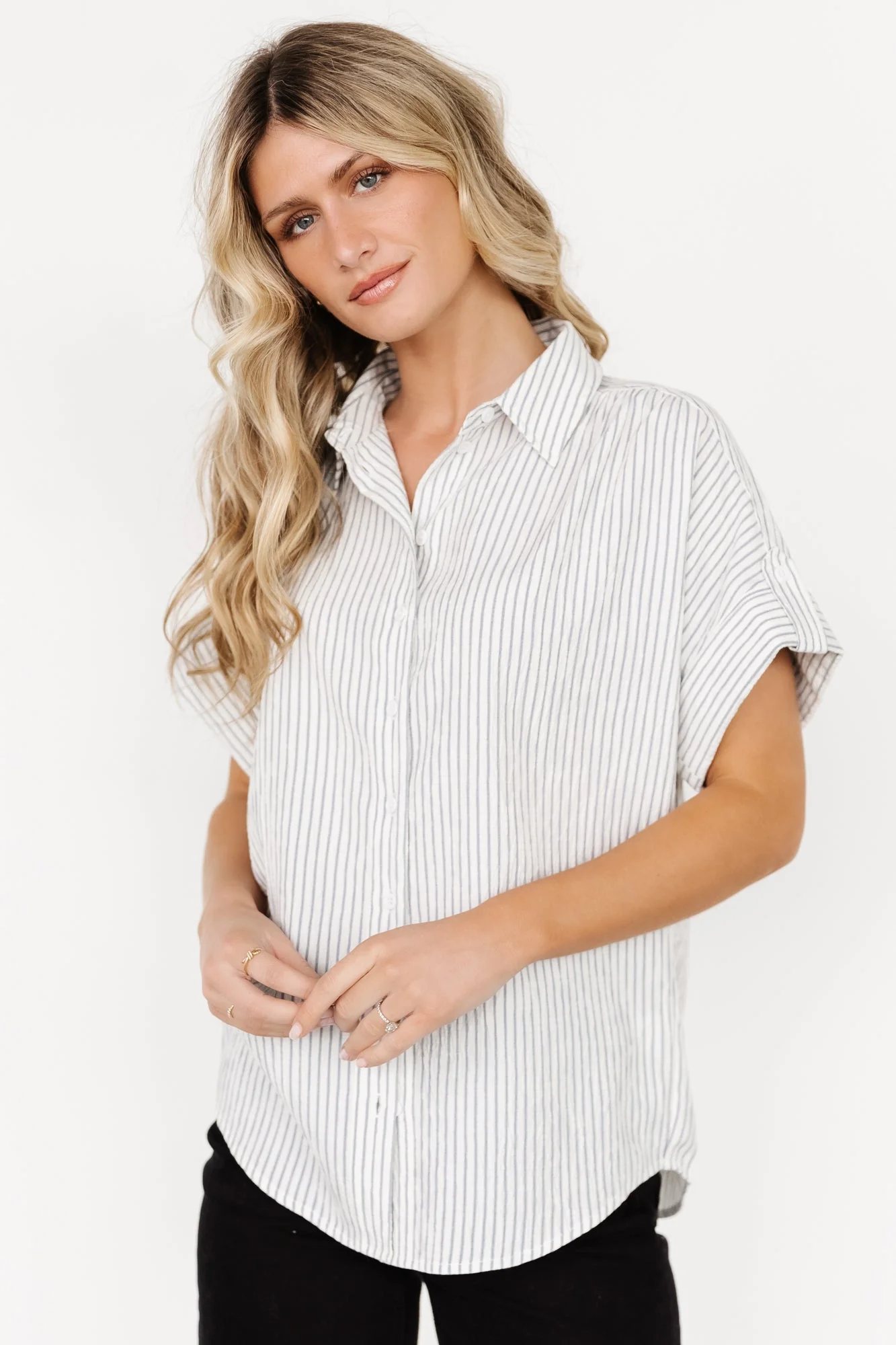Draya Button Up Top | Light Blue Stripe - Vlounger