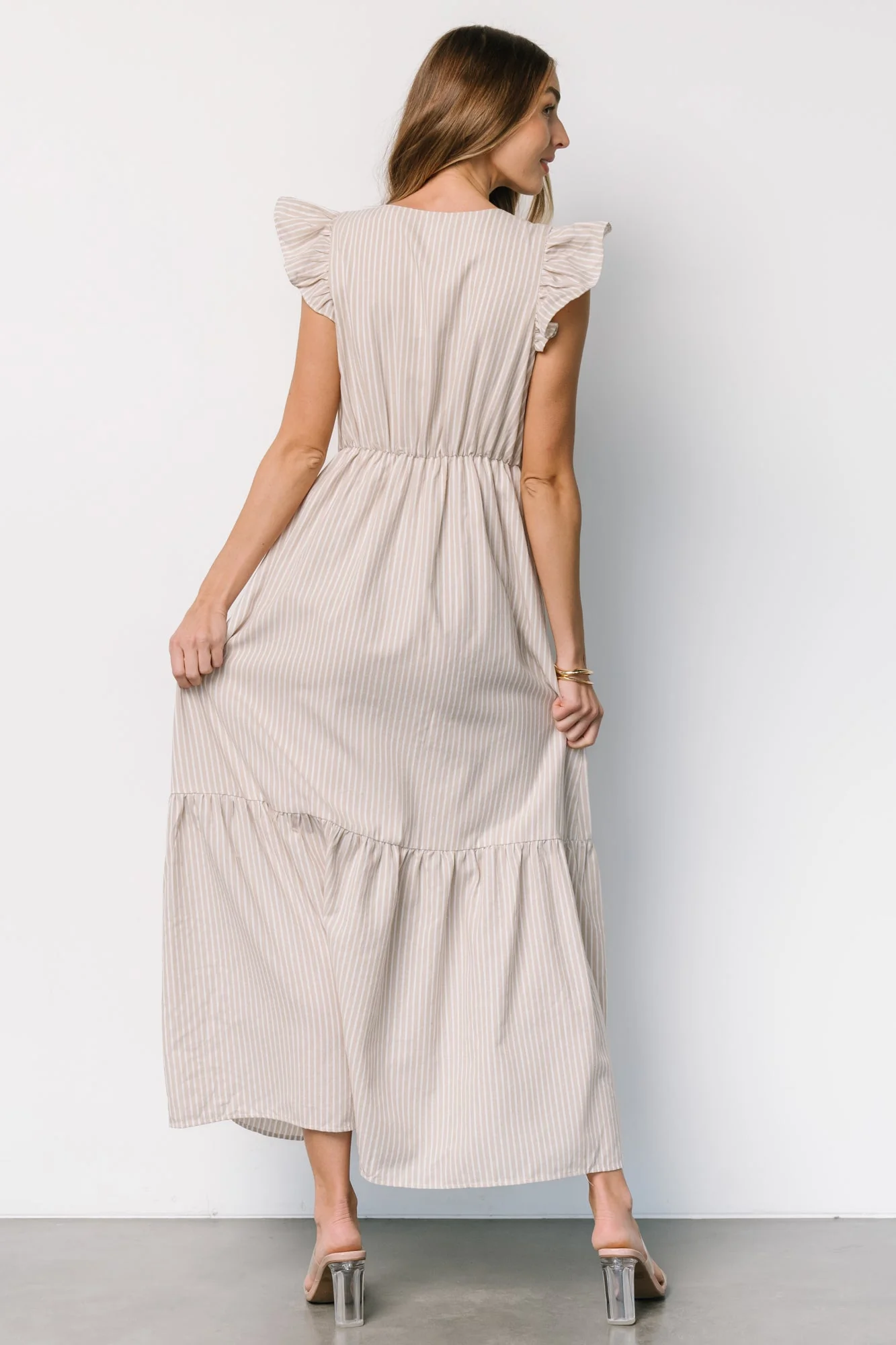 Hettie Button Maxi Dress | Beige Stripe - Vlounger