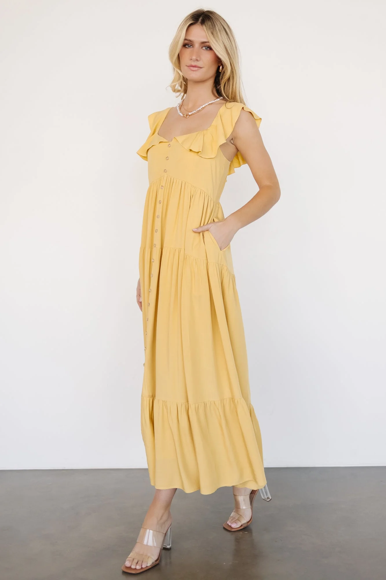 Ellie Ruffle Top Dress | Golden Yellow - Vlounger