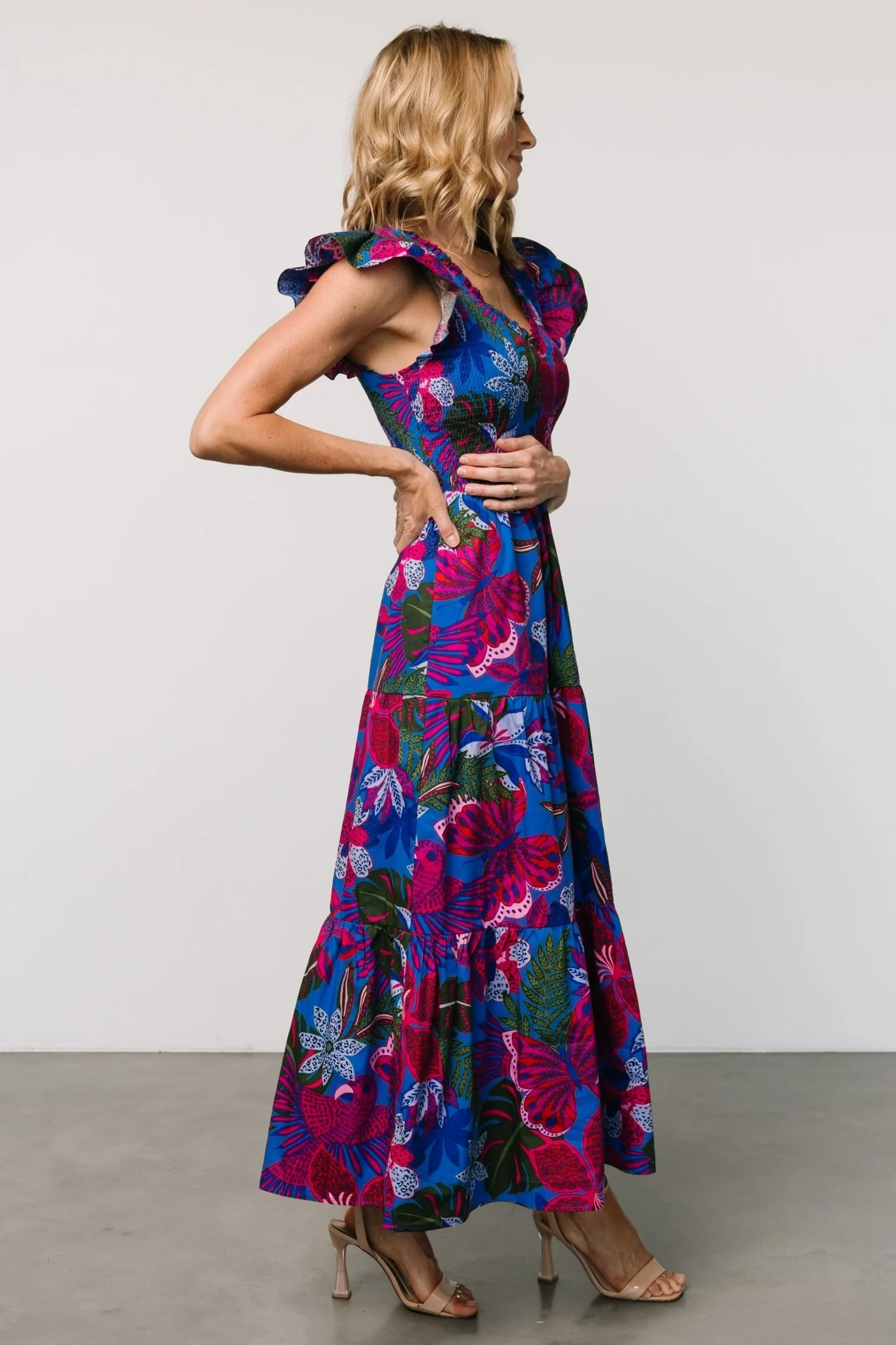 Ranchero Smocked Maxi Dress | Cobalt + Fuchsia Print - Vlounger