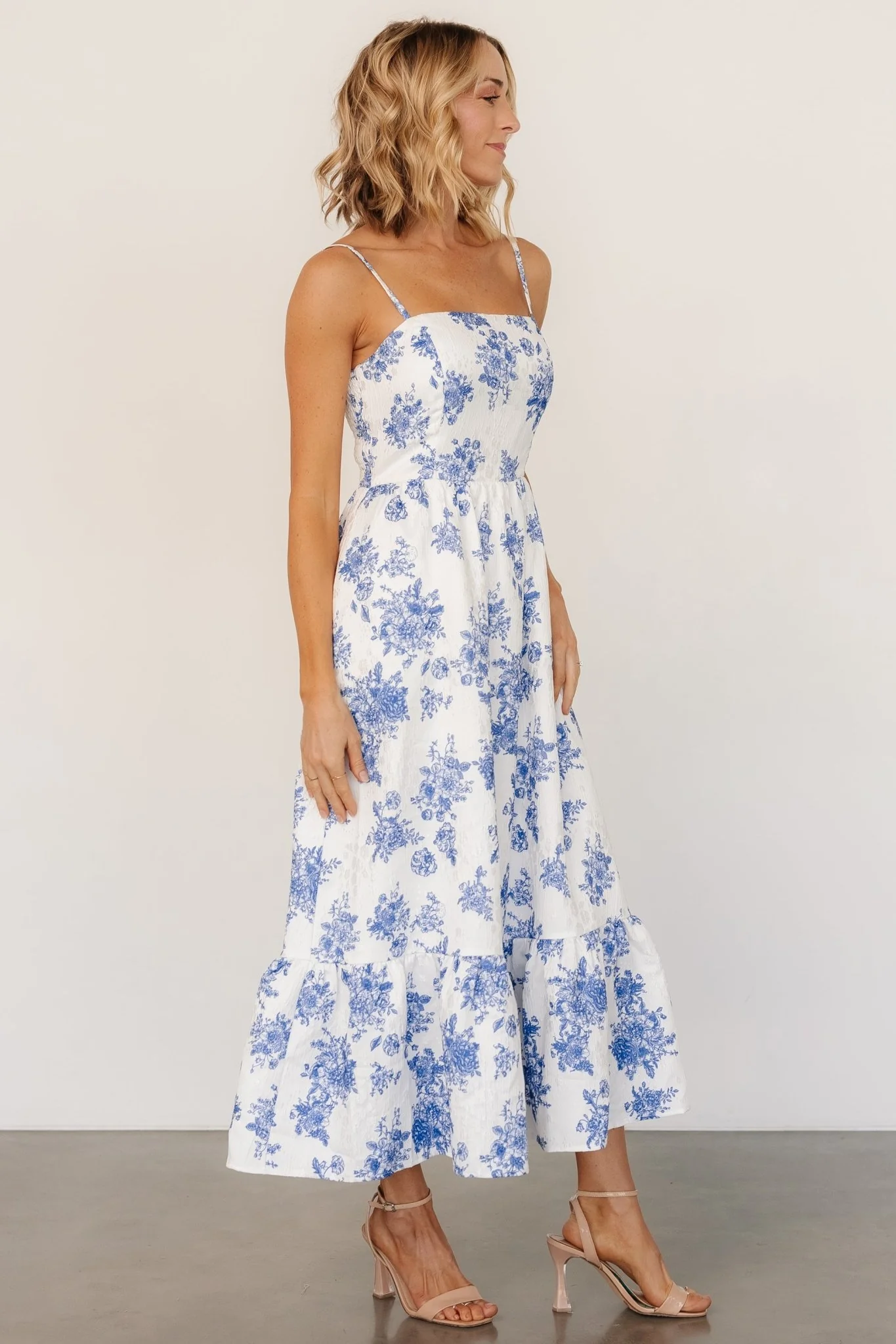 Cherie Jacquard Dress | Off White + Blue Floral - Vlounger