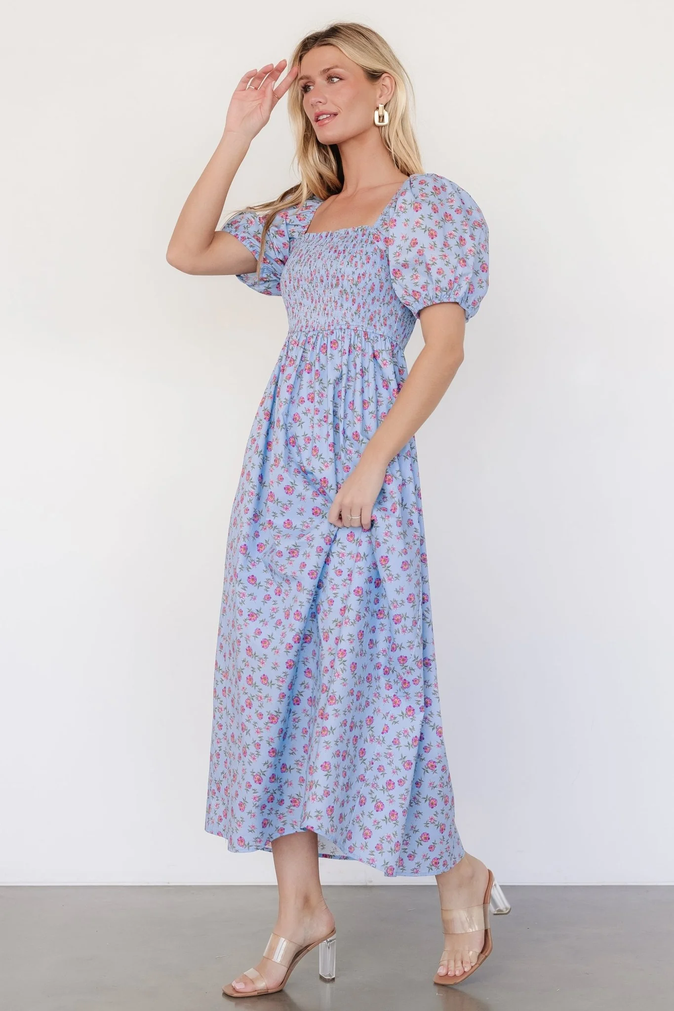 Haddie Smocked Midi Dress | Light Blue + Rose Floral - Vlounger