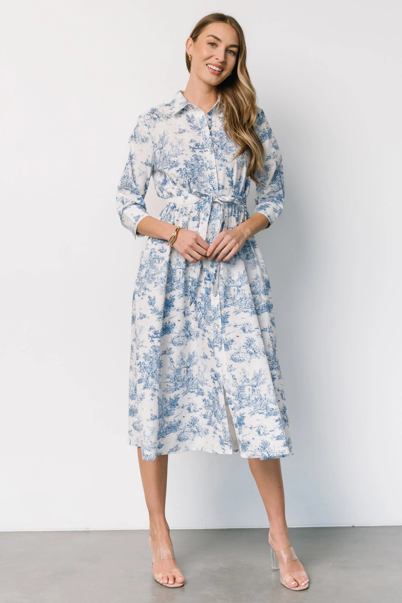 Chantelle Button Midi Dress | Off White + Blue Print - Vlounger