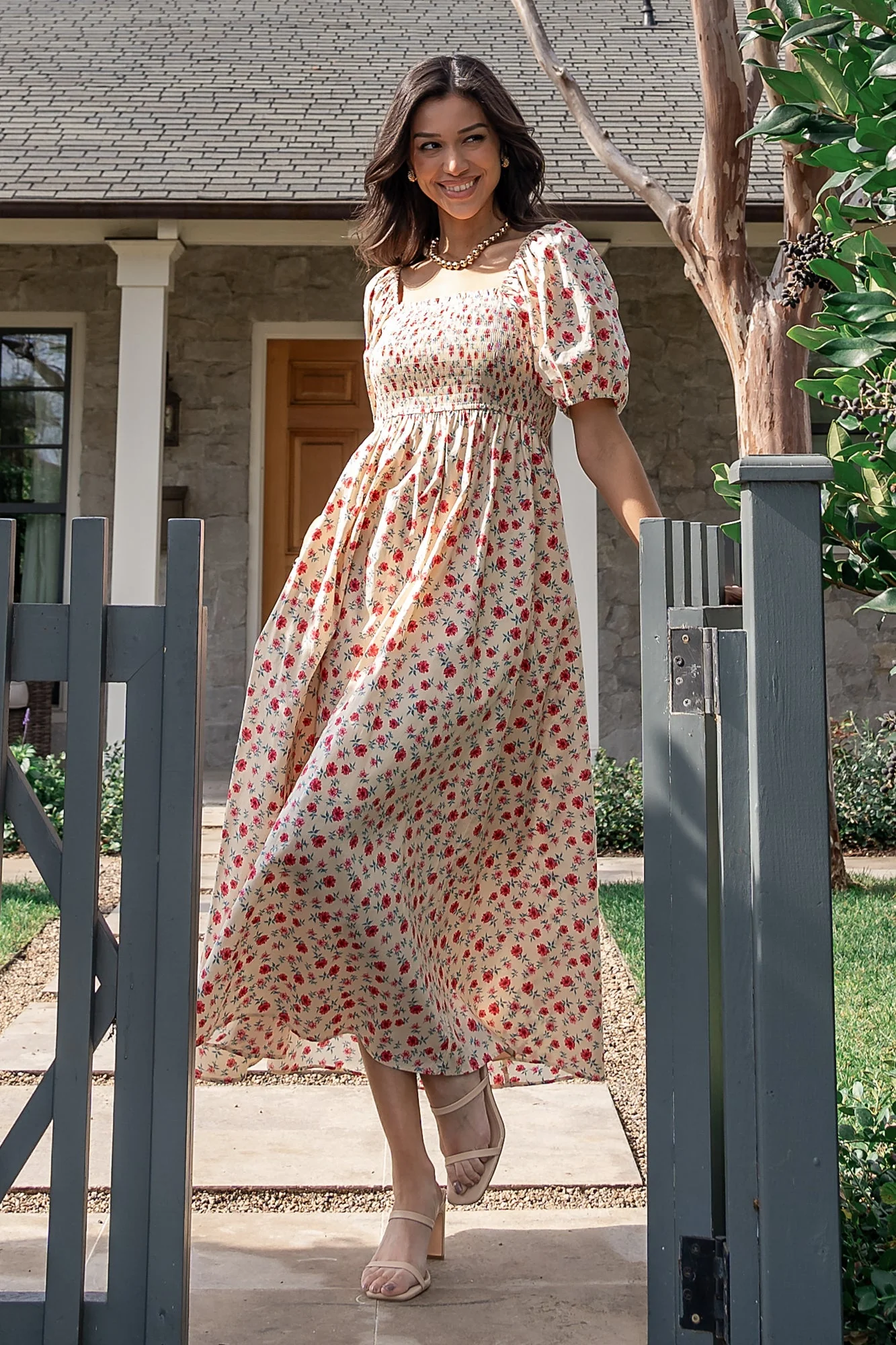 Haddie Smocked Midi Dress | Cream + Rose Floral - Vlounger