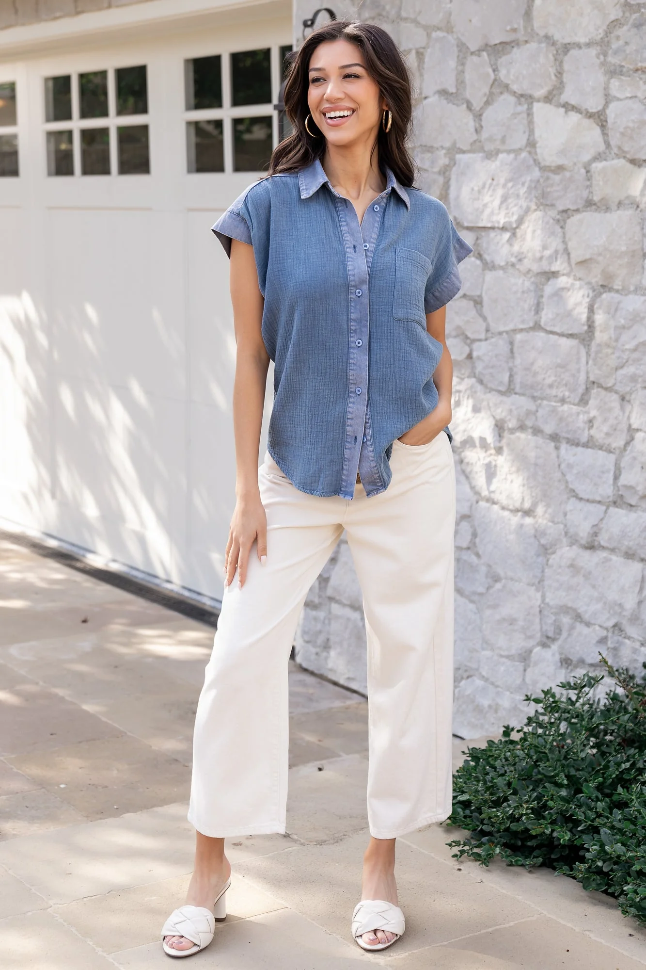 Jaye Button Top | Denim Blue - Vlounger