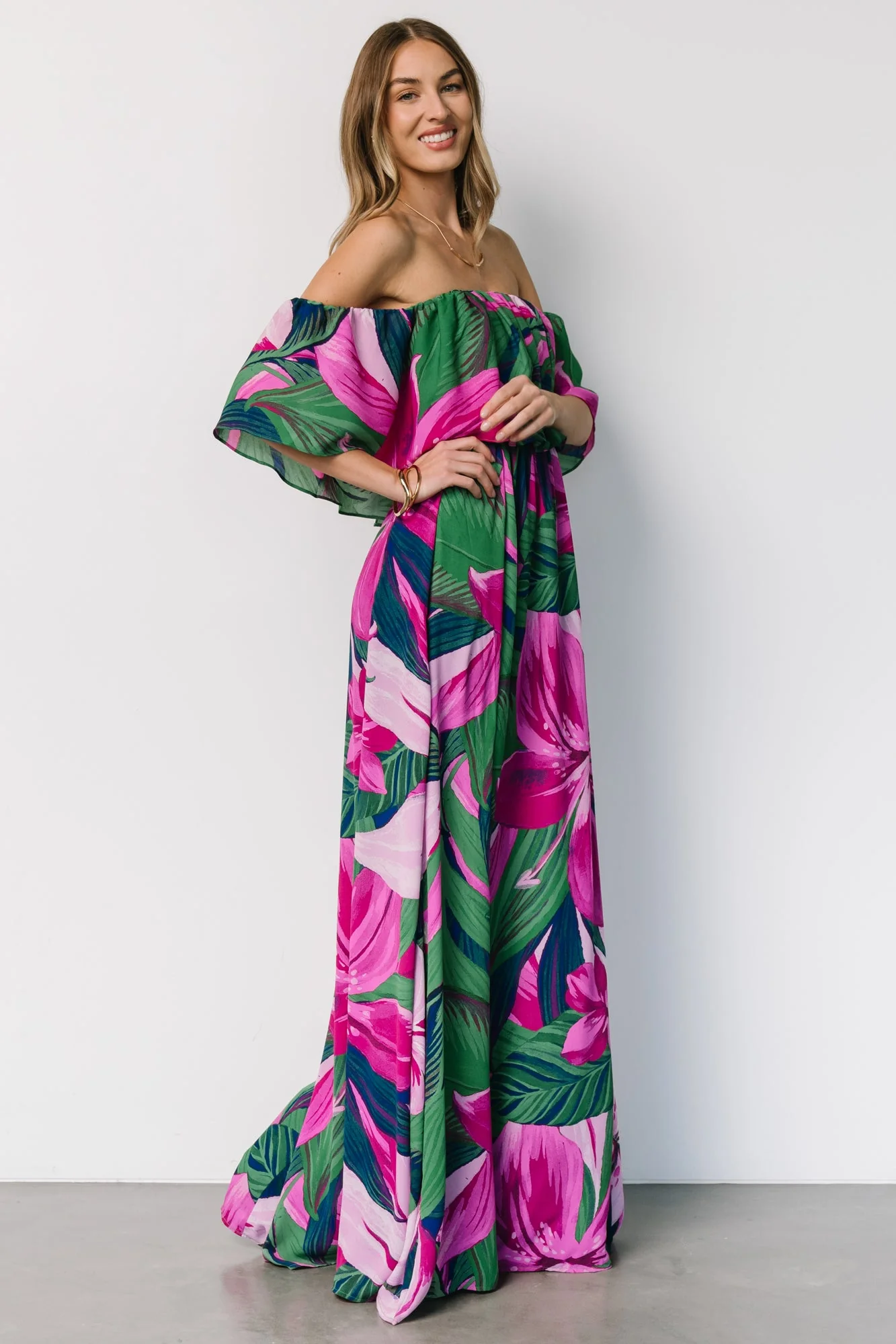 Azalea Off Shoulder Maxi Dress | Green + Fuchsia Floral - Vlounger