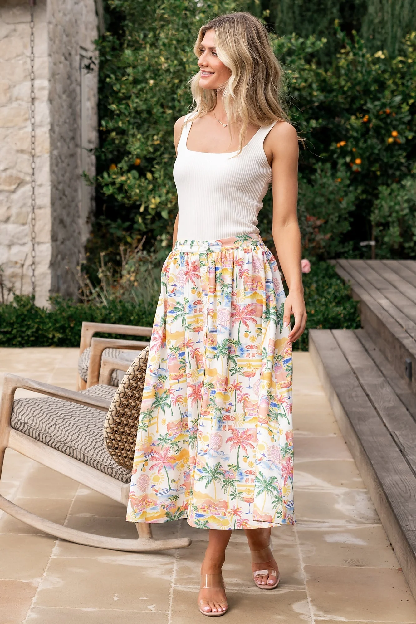 Gigi Button Midi Skirt | Off White + Multi Print - Vlounger