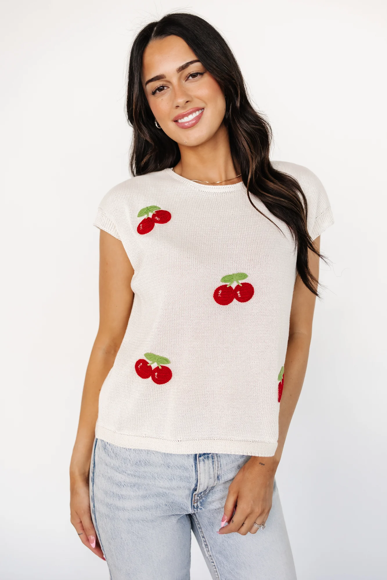 Lexie Knit Top | Cream + Cherry Applique - Vlounger