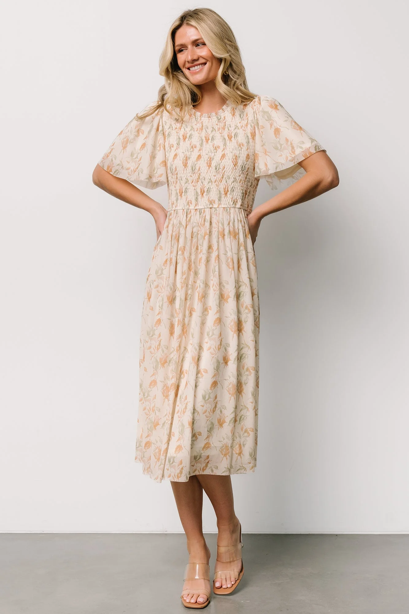 Bailey Smocked Midi Dress | Ivory + Golden Floral - Vlounger