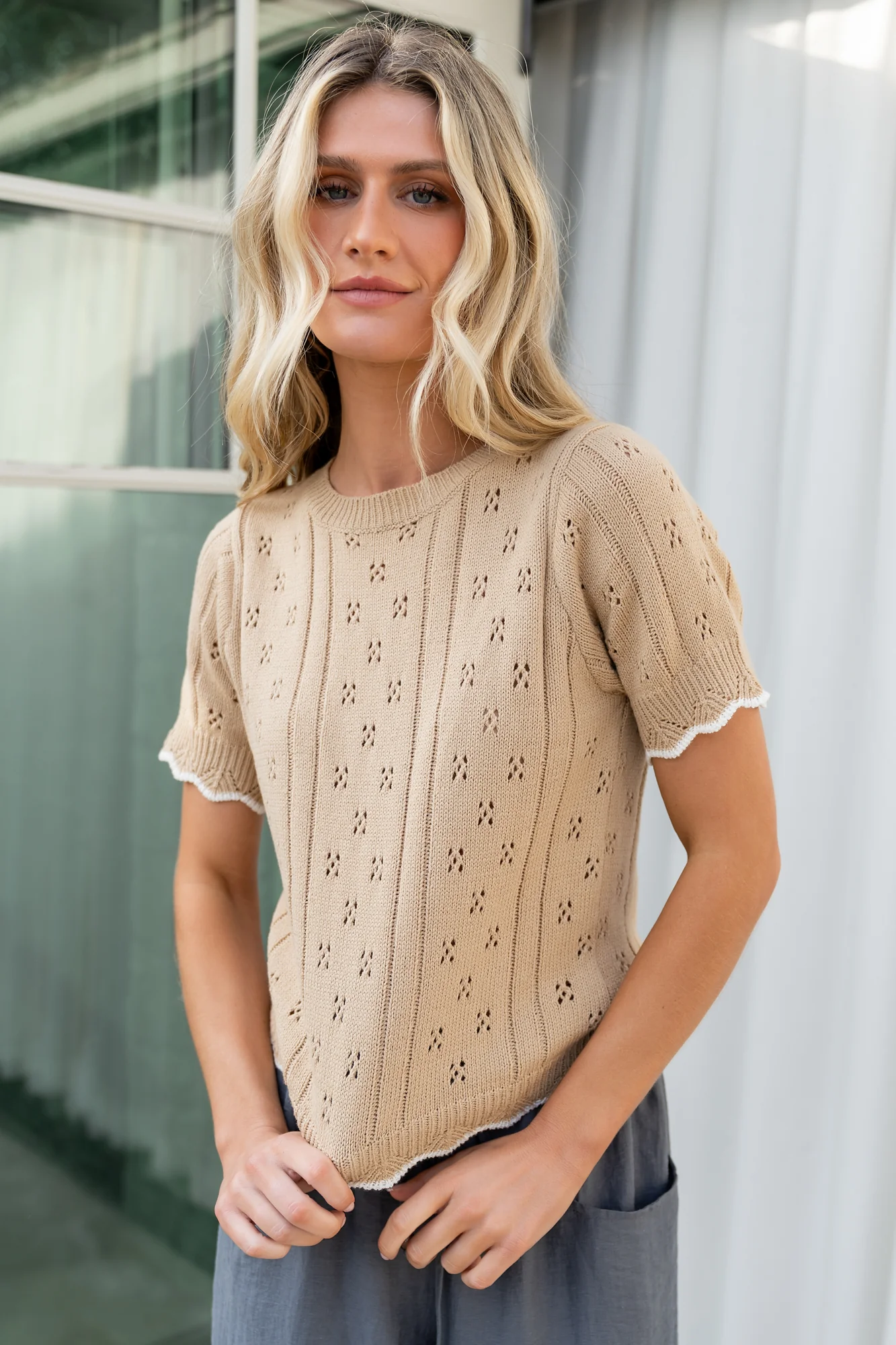 Britt Pointelle Knit Top | Natural + Ivory - Vlounger