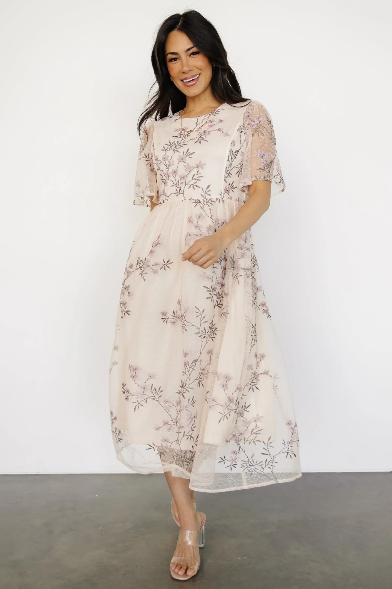 Ashlee Embroidered Midi Dress | Cream + Lavender Floral - Vlounger