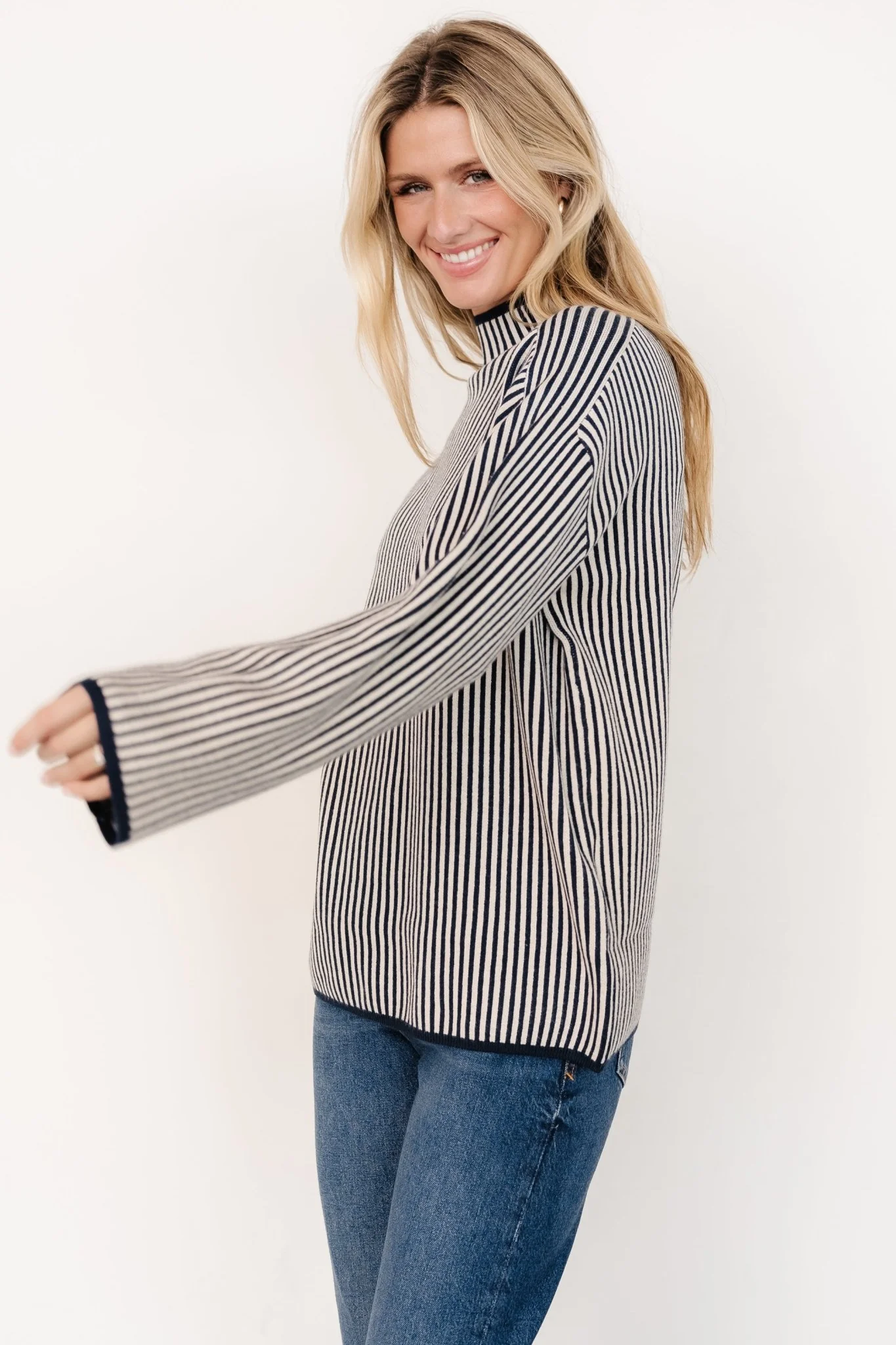 Kat Mock Neck Sweater | Navy Stripe - Vlounger