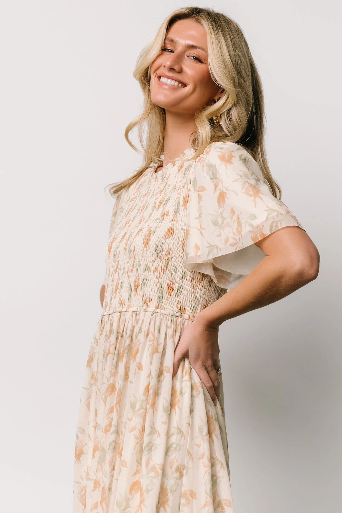 Bailey Smocked Midi Dress | Ivory + Golden Floral - Vlounger
