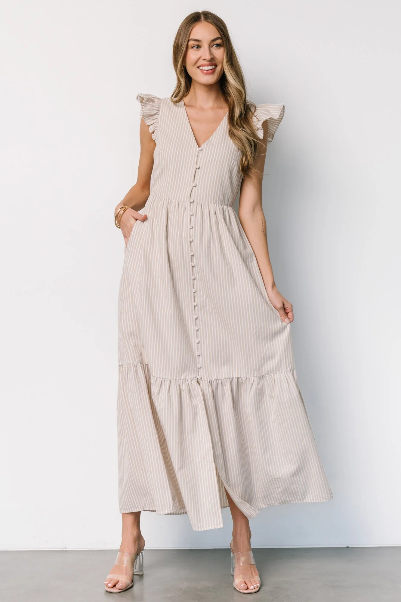 Hettie Button Maxi Dress | Beige Stripe - Vlounger