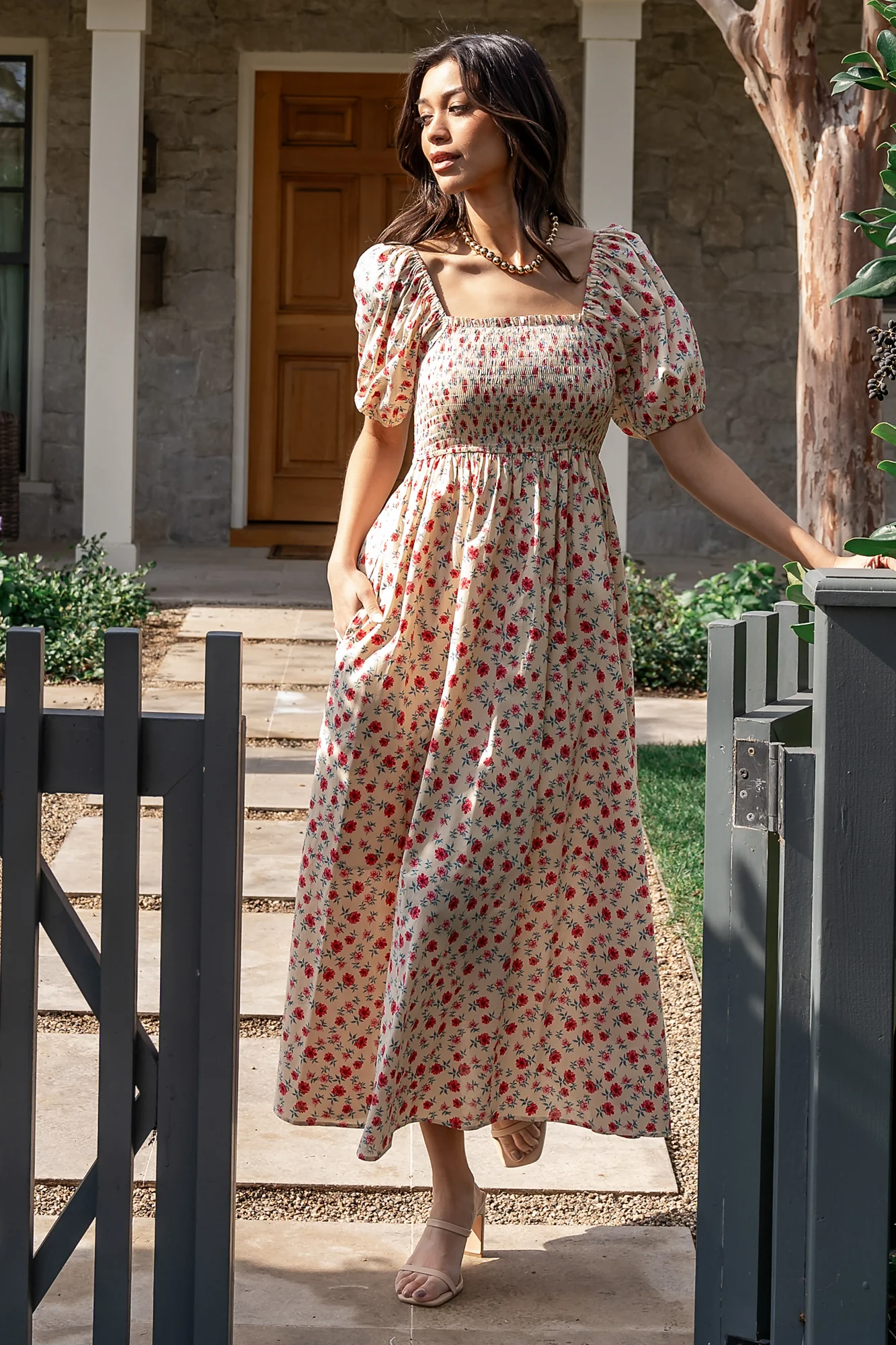 Haddie Smocked Midi Dress | Cream + Rose Floral - Vlounger