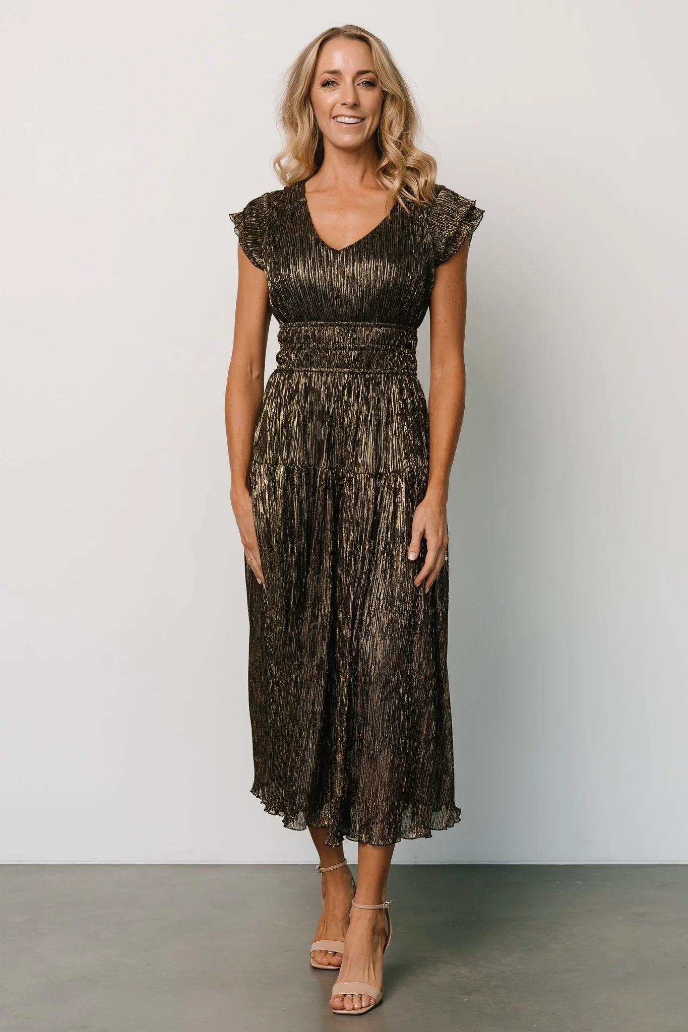 Miley Pleated Shimmer Dress | Gold - Vlounger