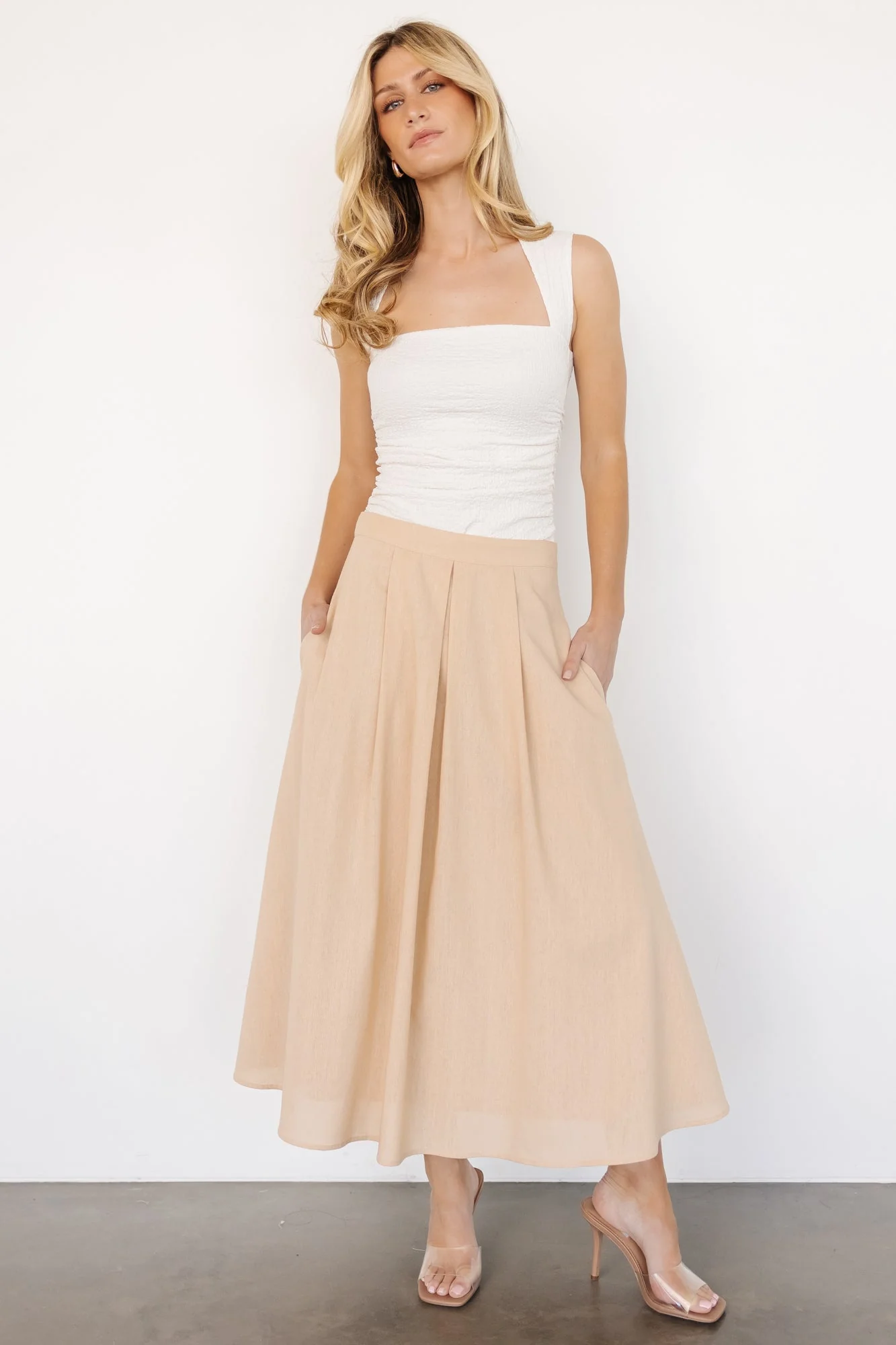 Katie Pleated Midi Skirt | Natural - Vlounger