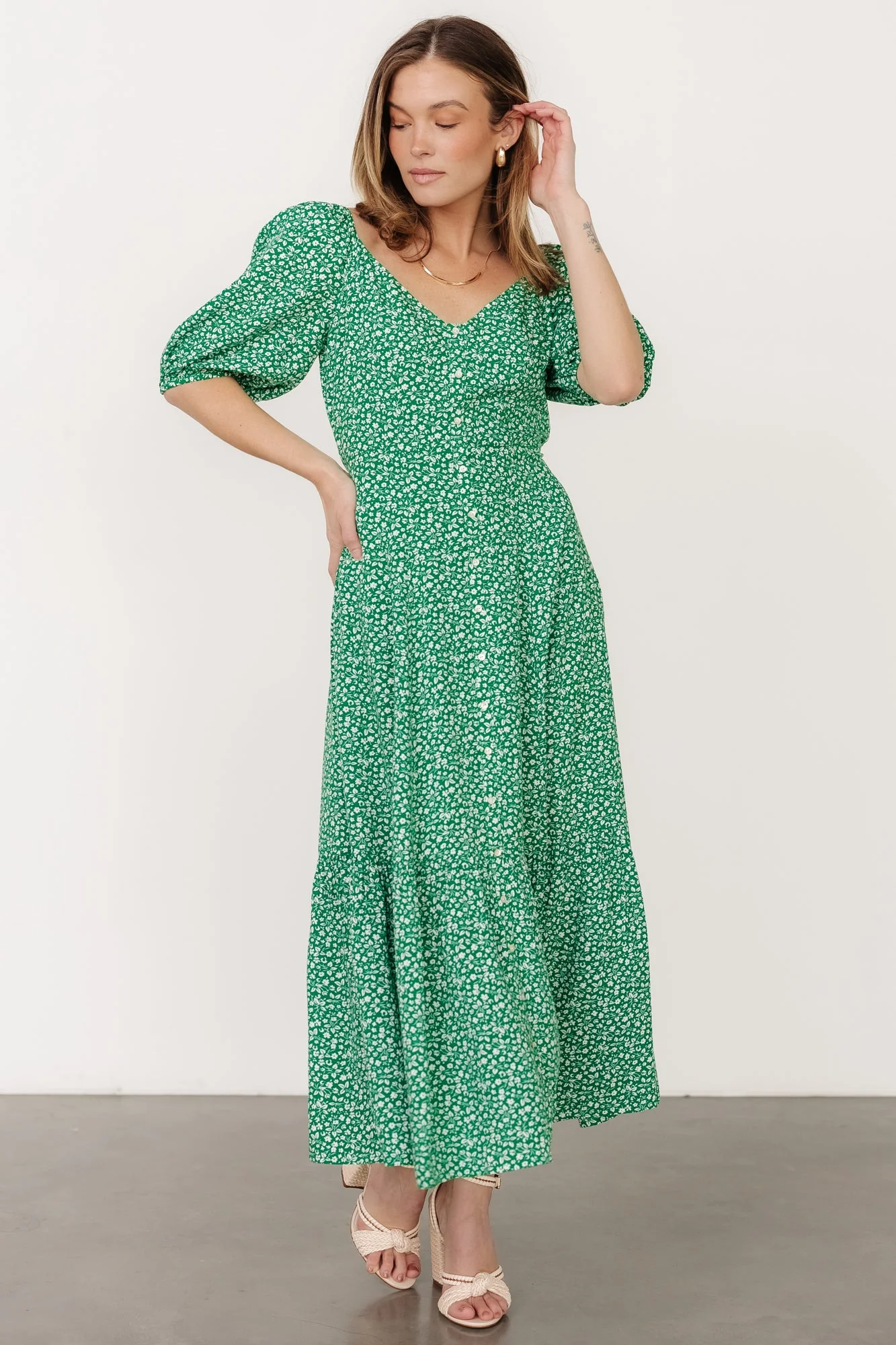 Elisabeth Button Dress | Green Floral - Vlounger