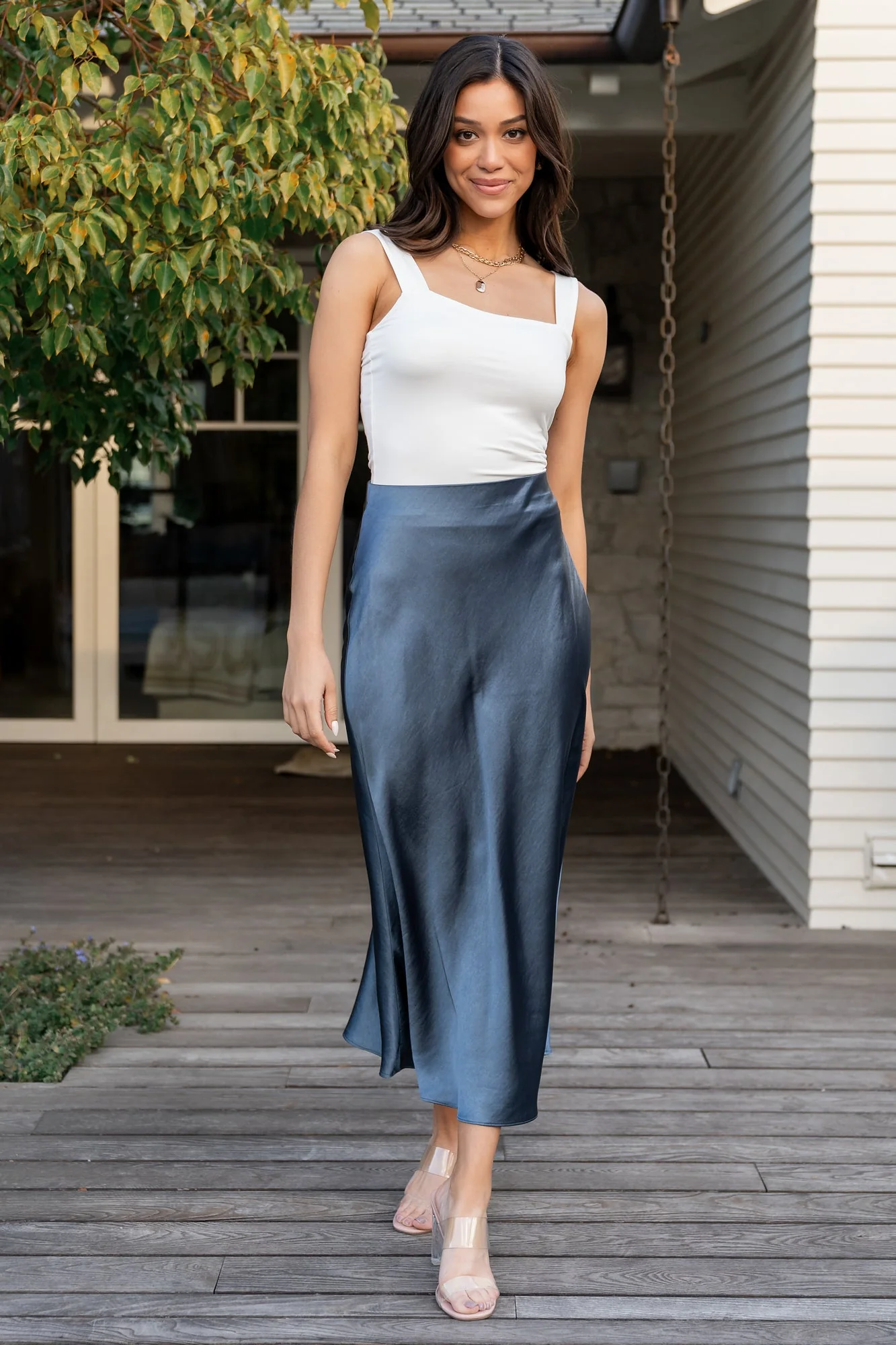 Celeste Satin Midi Skirt | Steel Blue - Vlounger