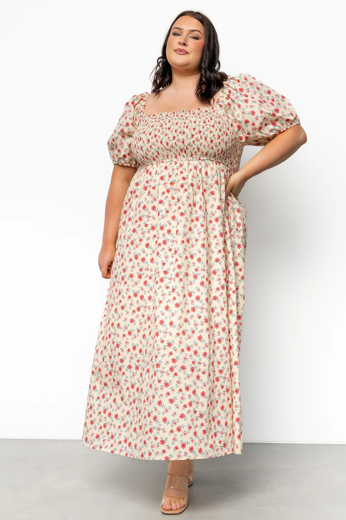 Haddie Smocked Midi Dress | Cream + Rose Floral - Vlounger