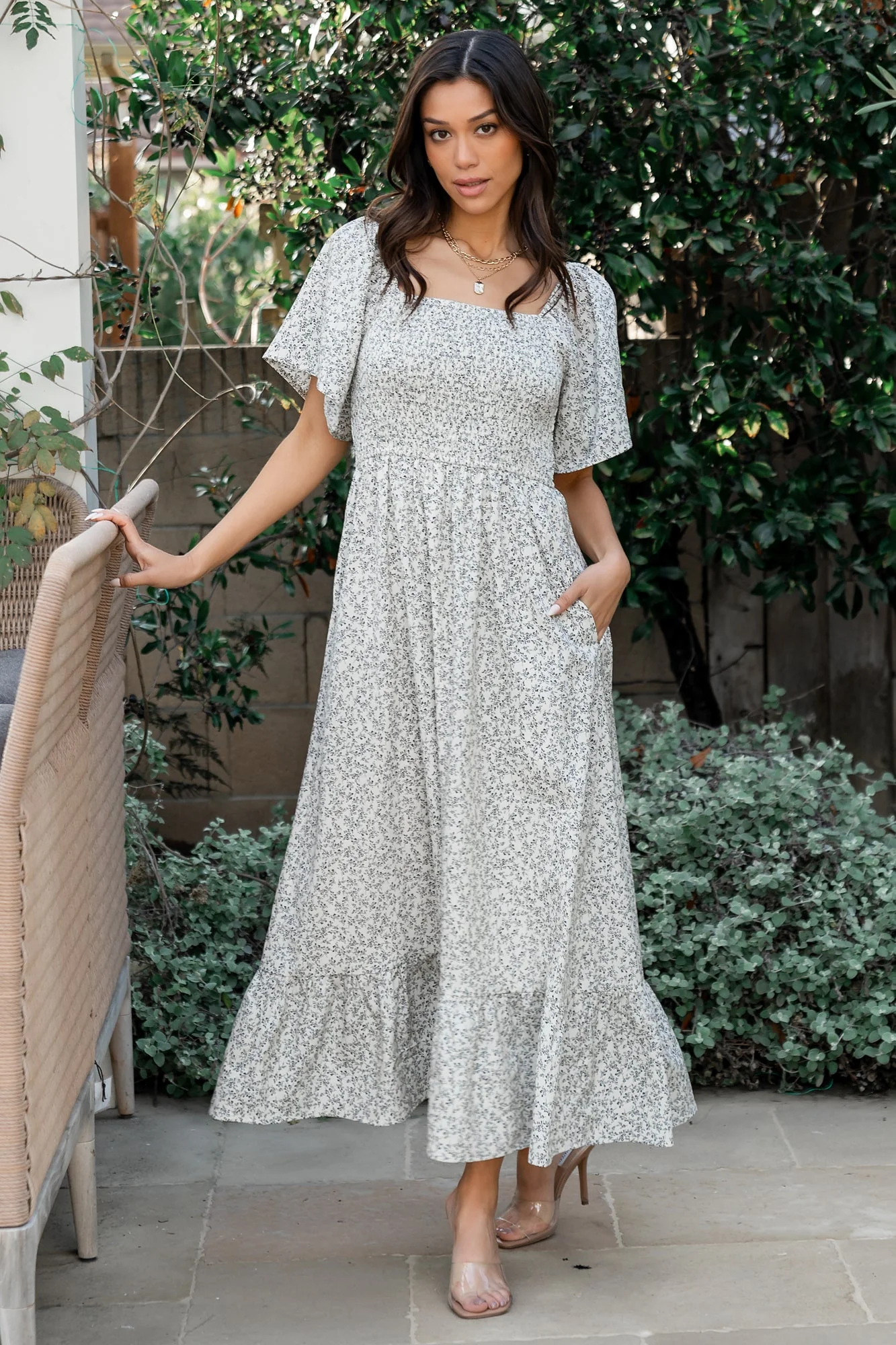 Cassis Smocked Midi Dress | Ivory + Black Floral - Vlounger