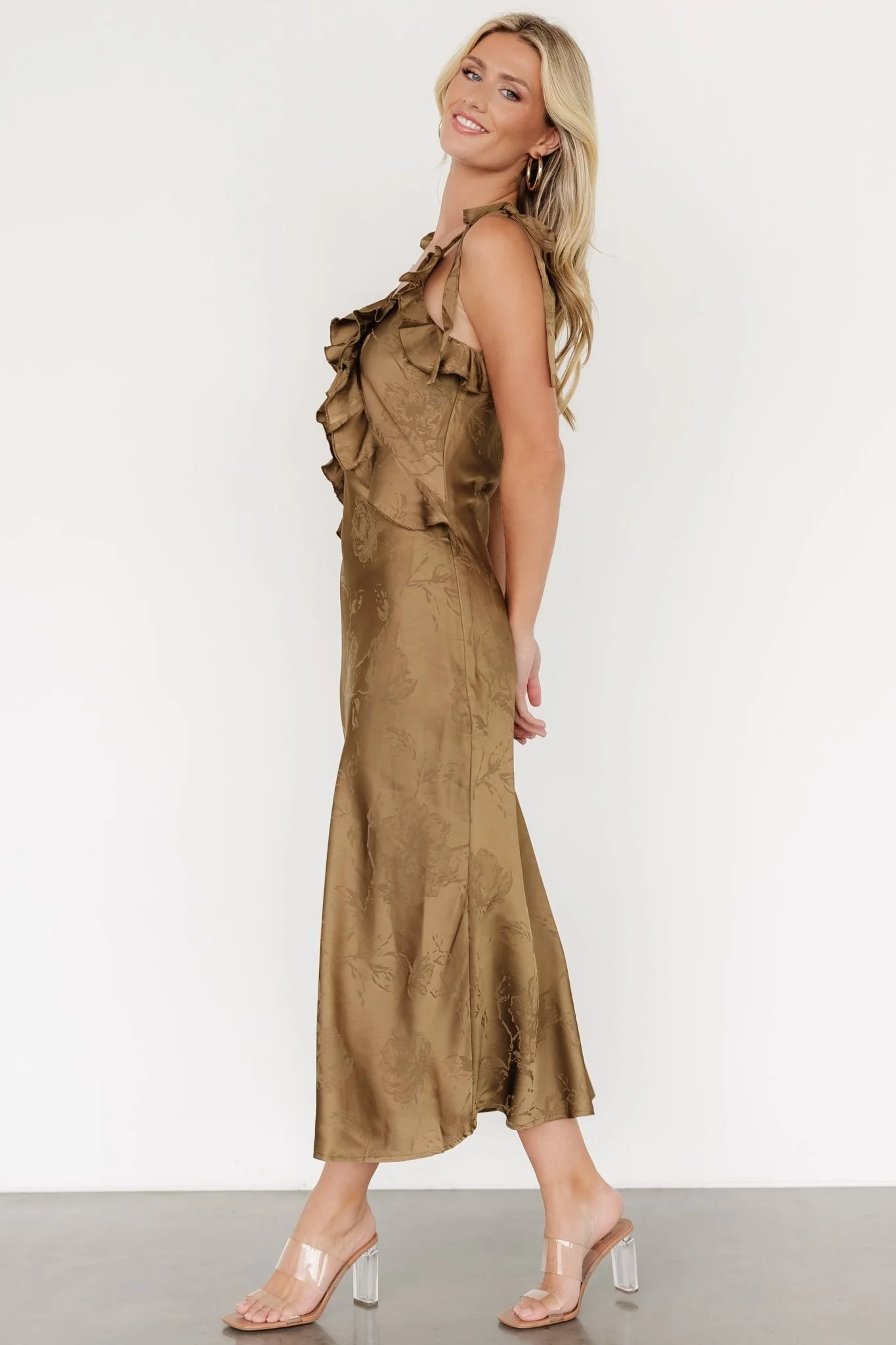 Gianni Satin Ruffle Dress | Olive - Vlounger
