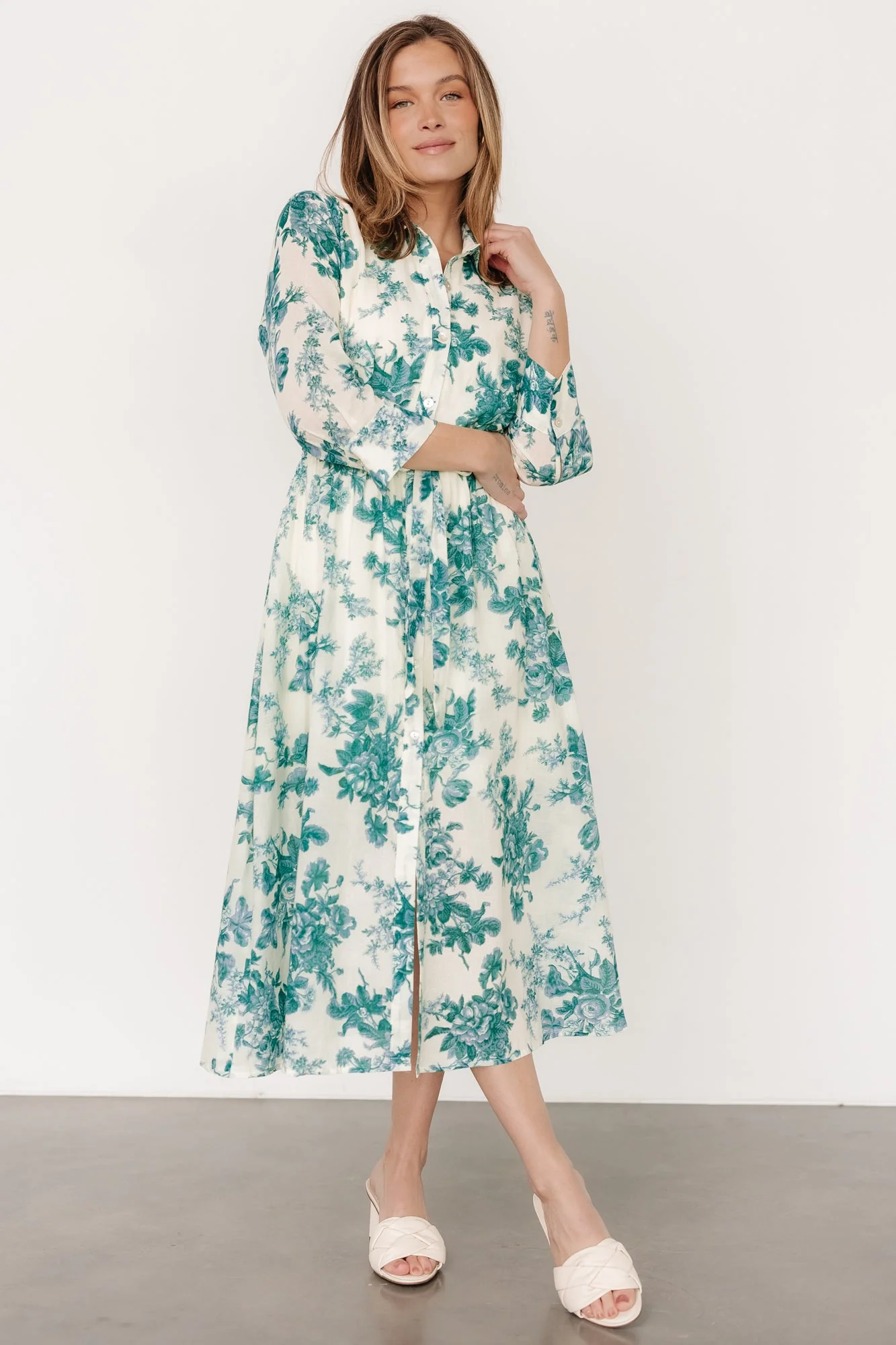 Eunice Button Midi Dress | Cream + Green Floral - Vlounger