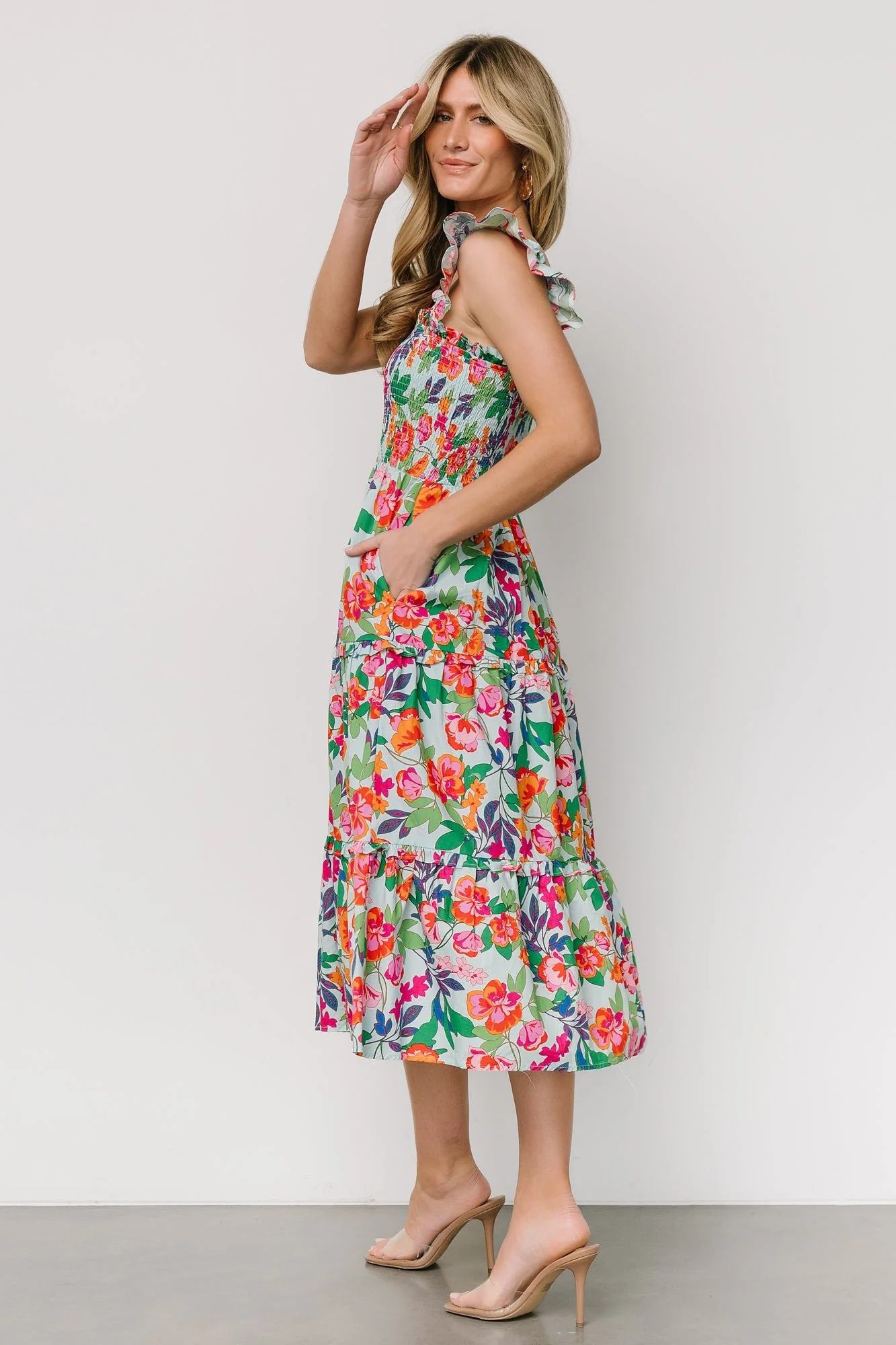 Harper Smocked Midi Dress | Blue Multi Floral - Vlounger