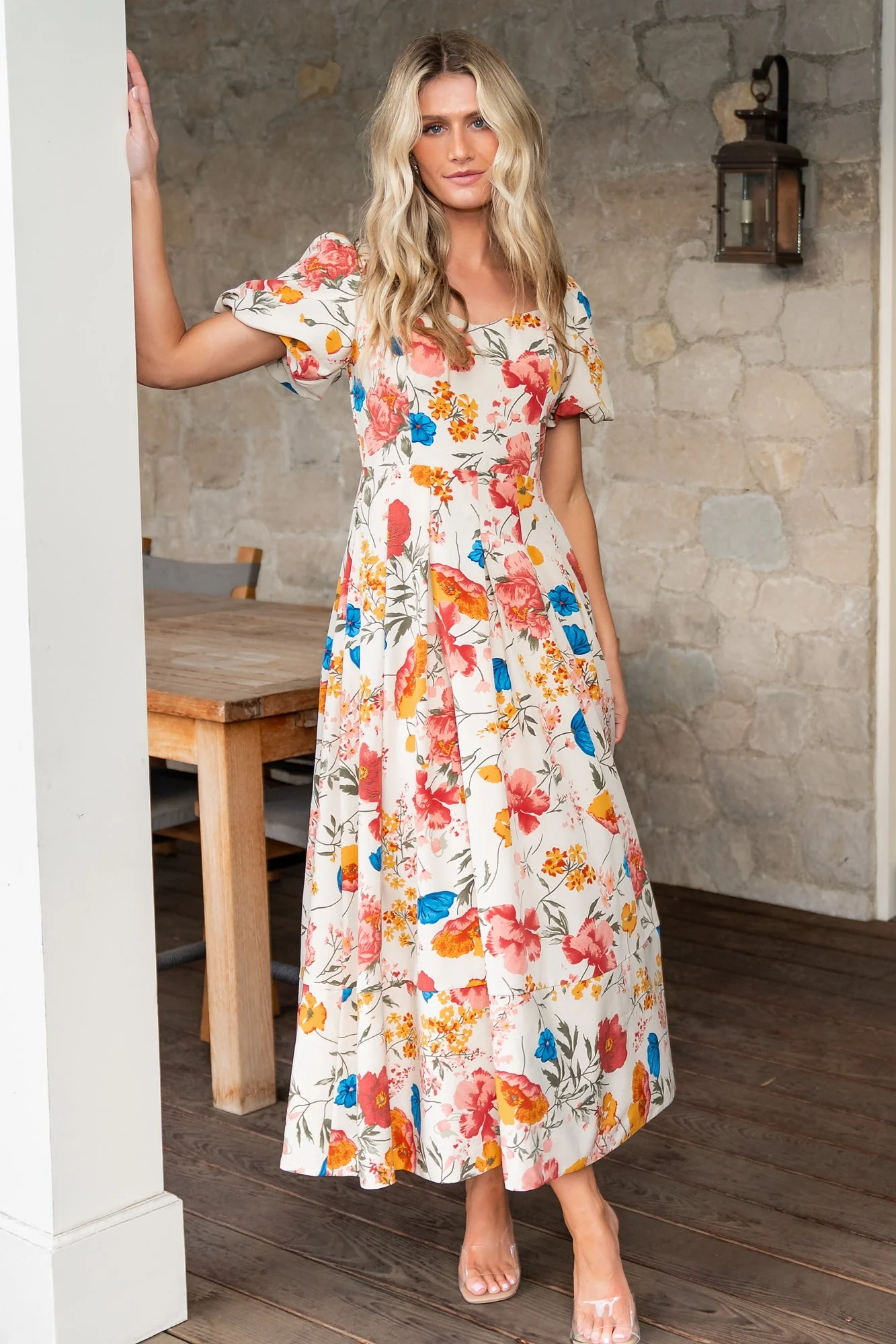 Greta Pleated Maxi Dress | Cream Multi Floral - Vlounger