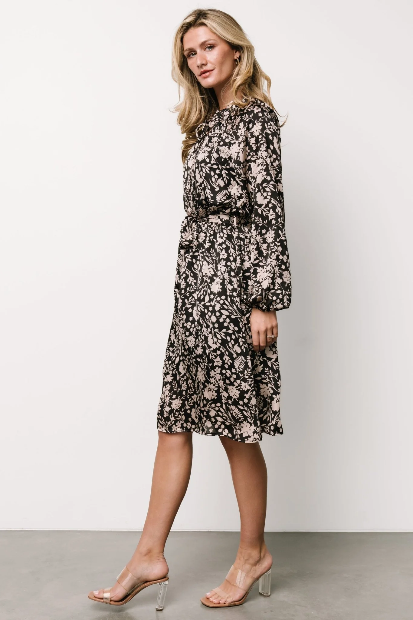 Deena Satin Dress | Black + Taupe Floral - Vlounger