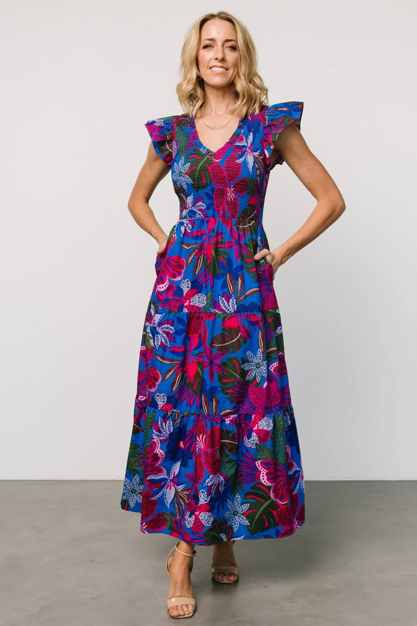 Ranchero Smocked Maxi Dress | Cobalt + Fuchsia Print - Vlounger