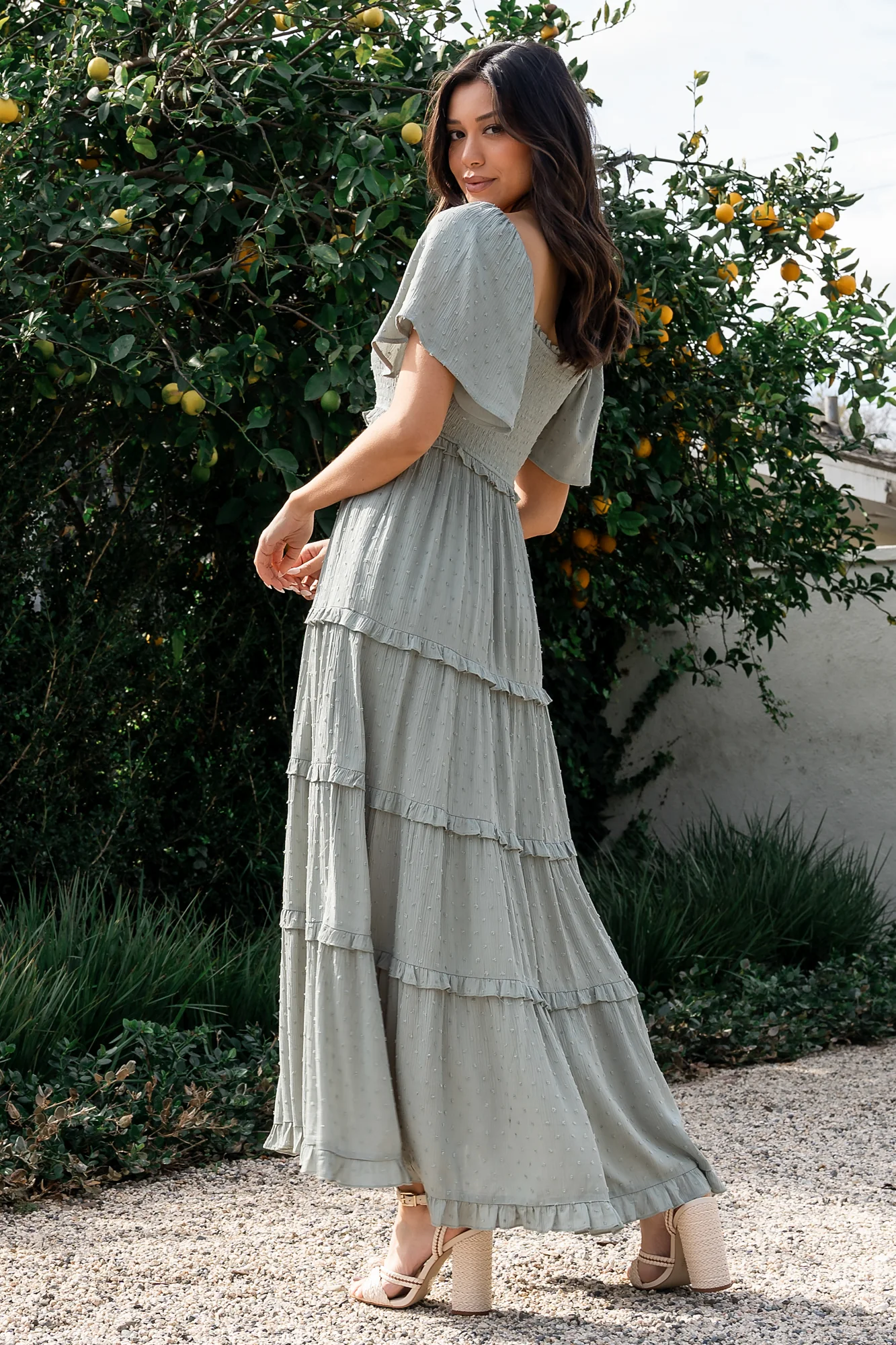 Lenora Smocked Dotted Maxi Dress | Sage - Vlounger