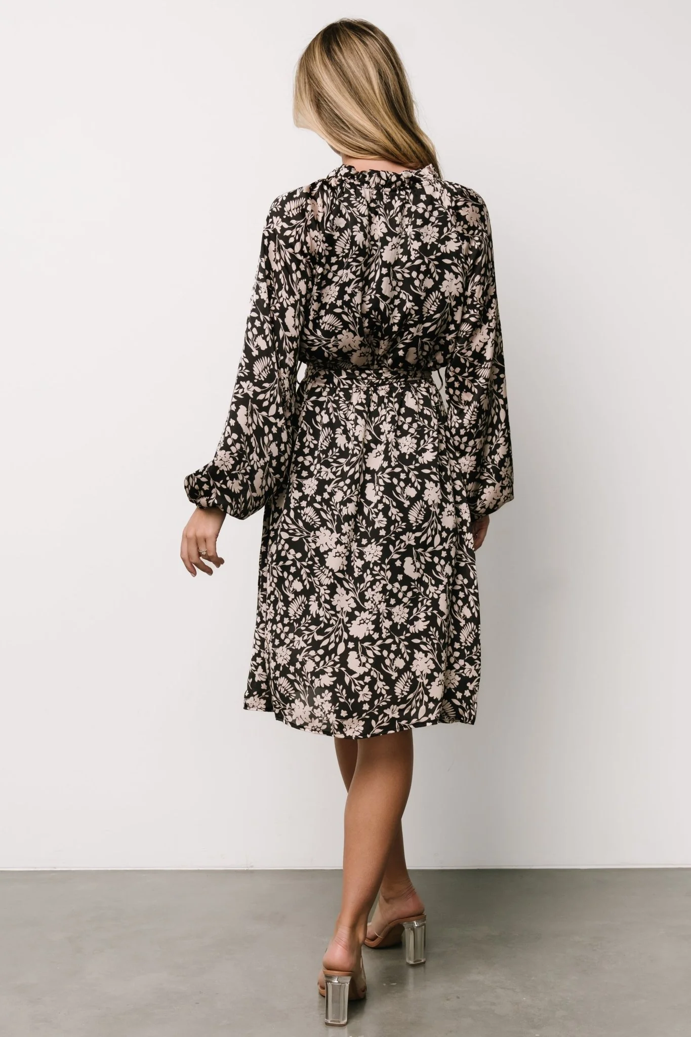 Deena Satin Dress | Black + Taupe Floral - Vlounger