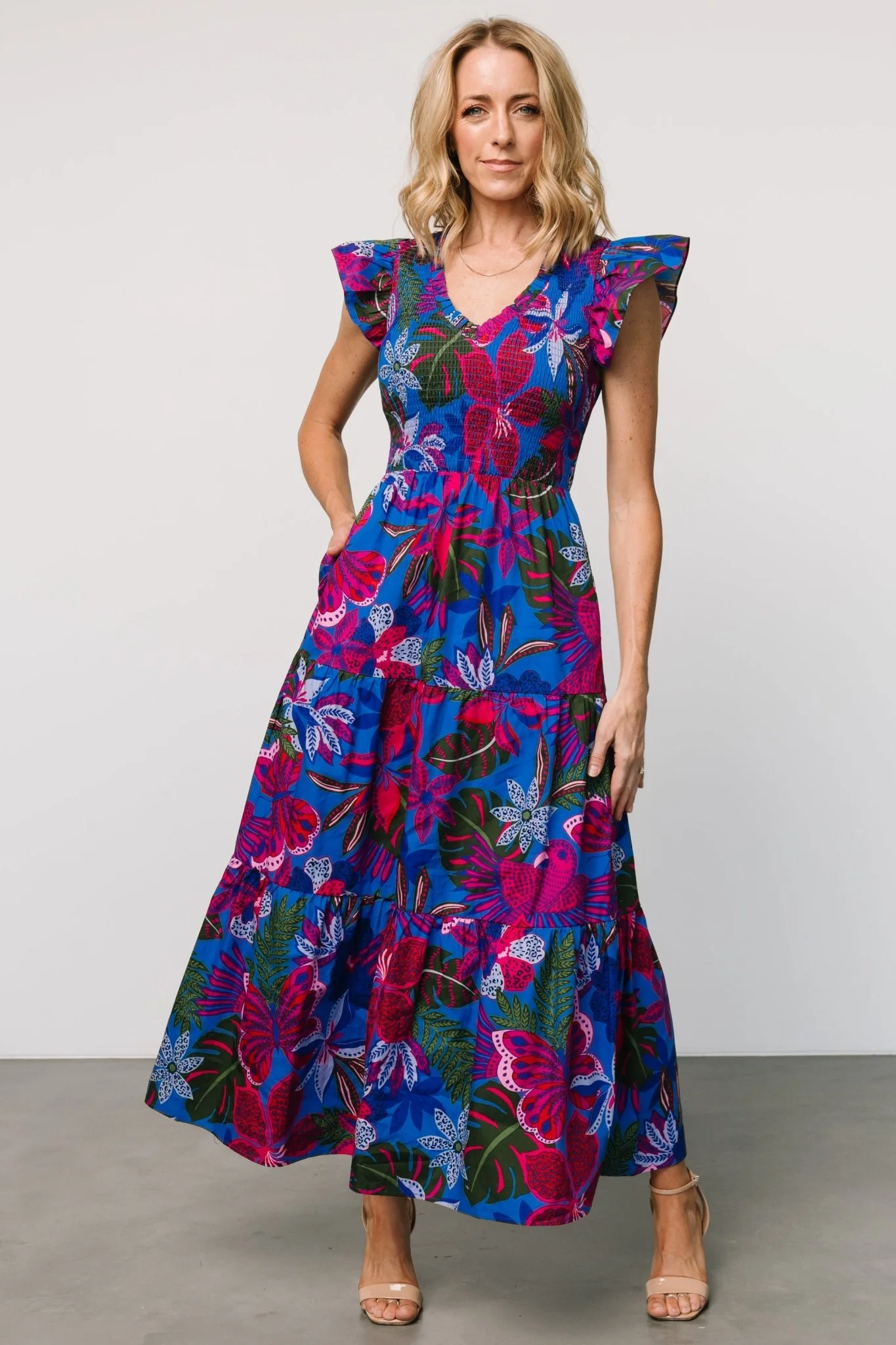 Ranchero Smocked Maxi Dress | Cobalt + Fuchsia Print - Vlounger