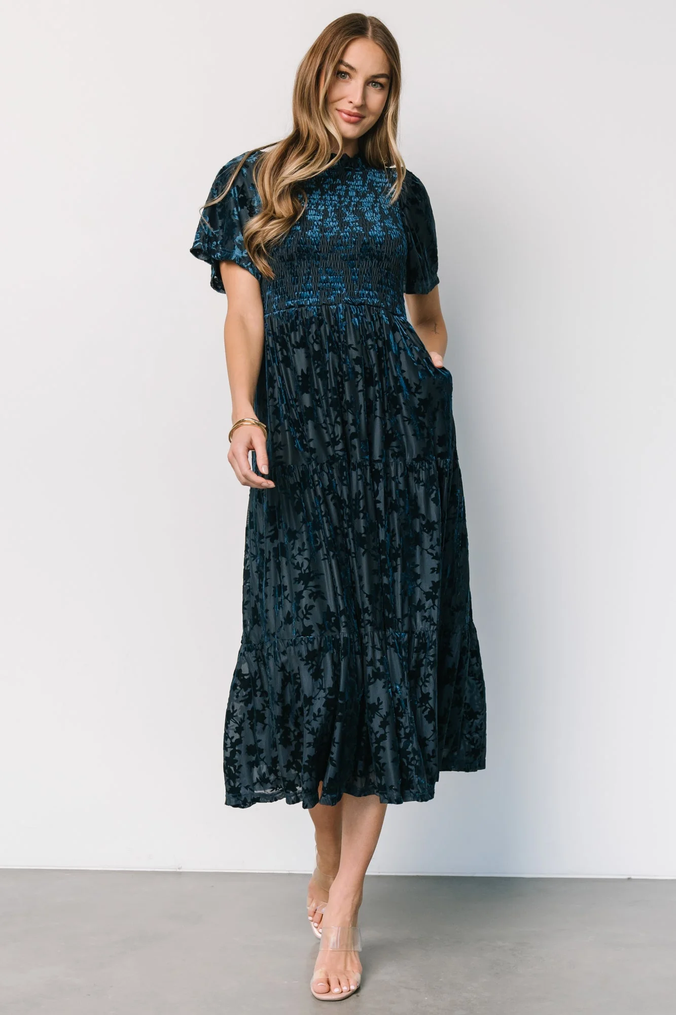 Callen Smocked Velvet Dress | Deep Blue - Vlounger