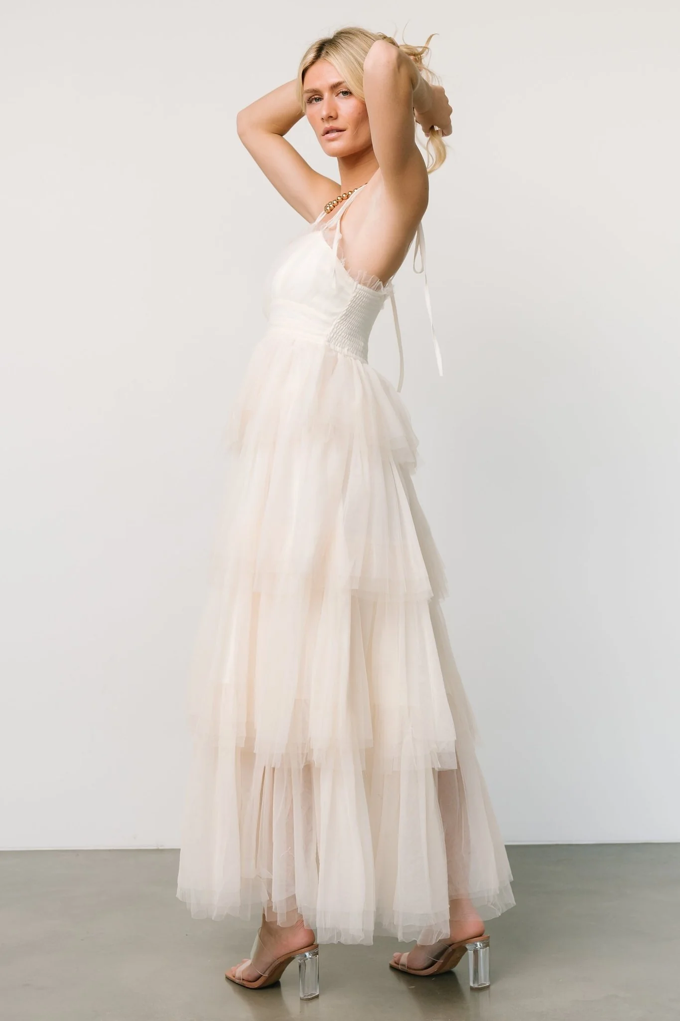 Alora Tulle Tiered Maxi Dress | Cream - Vlounger