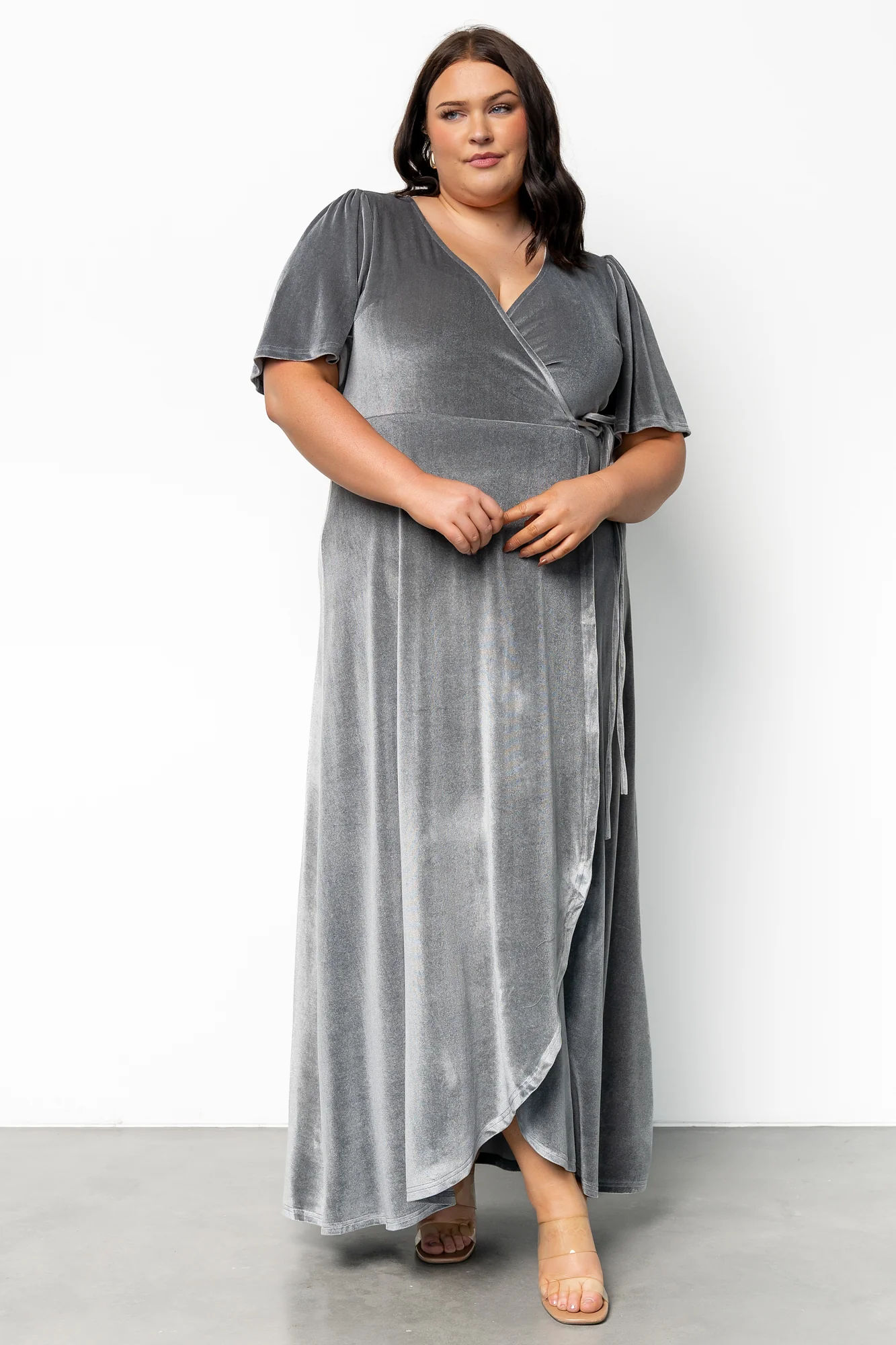 Katelyn Velvet Maxi Wrap Dress | Dusty Blue - Vlounger