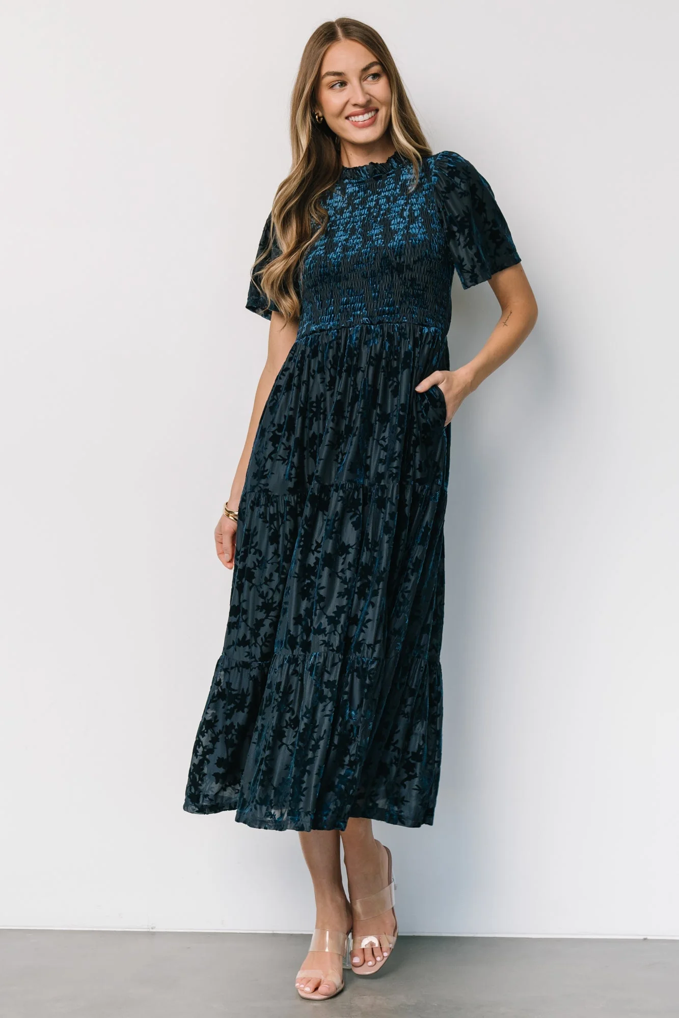 Callen Smocked Velvet Dress | Deep Blue - Vlounger